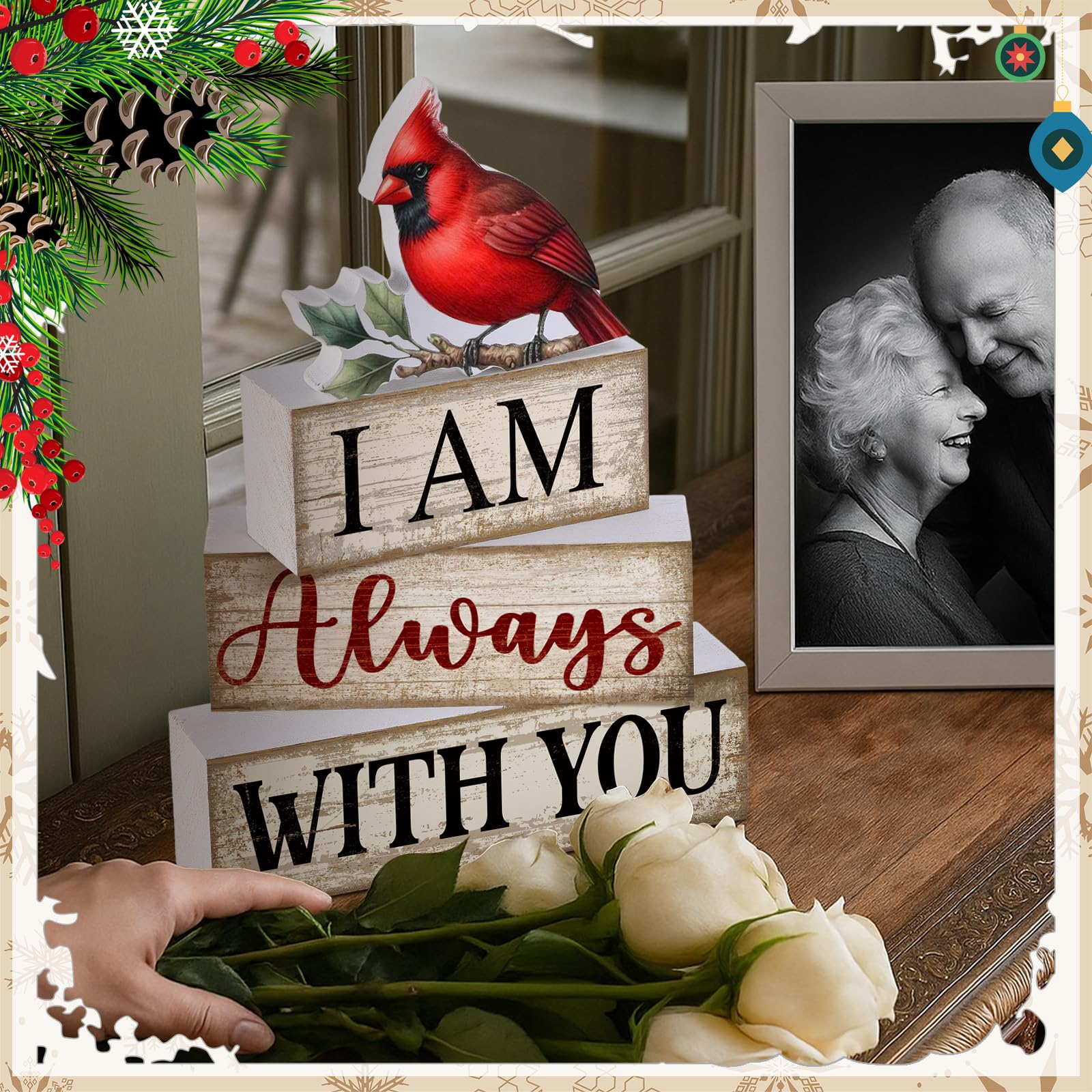 Yuntau 4 Pieces Christmas Cardinal Decorations Stacking Wooden Red Cardinal Christmas Tiered Tray Decor I Am Always with You Sig