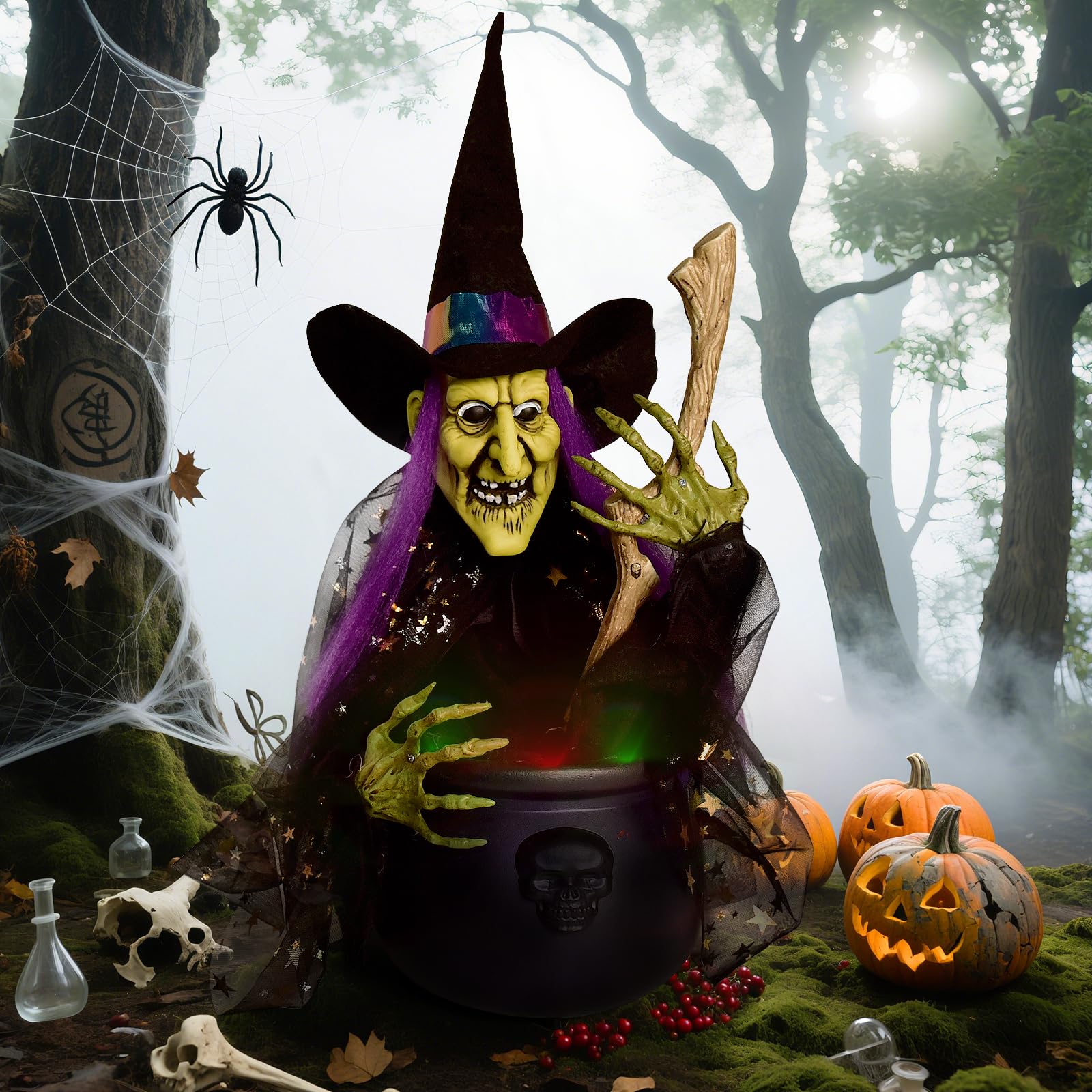 Halloween Decorations, 1.4 ft. Animated Witches with Light Cauldron Decoration, Touch and Sound Activated, Haunted House Witch P
