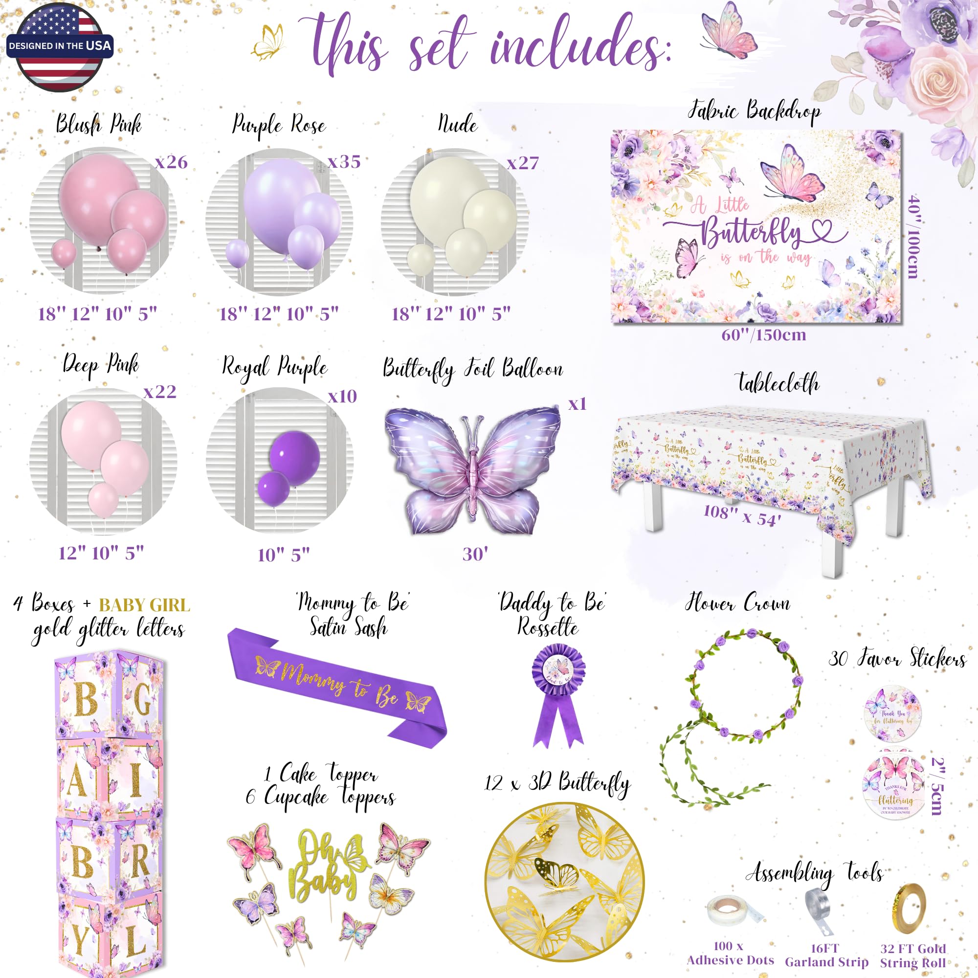 195 Pc Butterfly Baby Shower Decorations For Girl With Pink And Purple Butterfly Balloon Arch Kit, Baby Girl Boxes, Backdrop, Ta