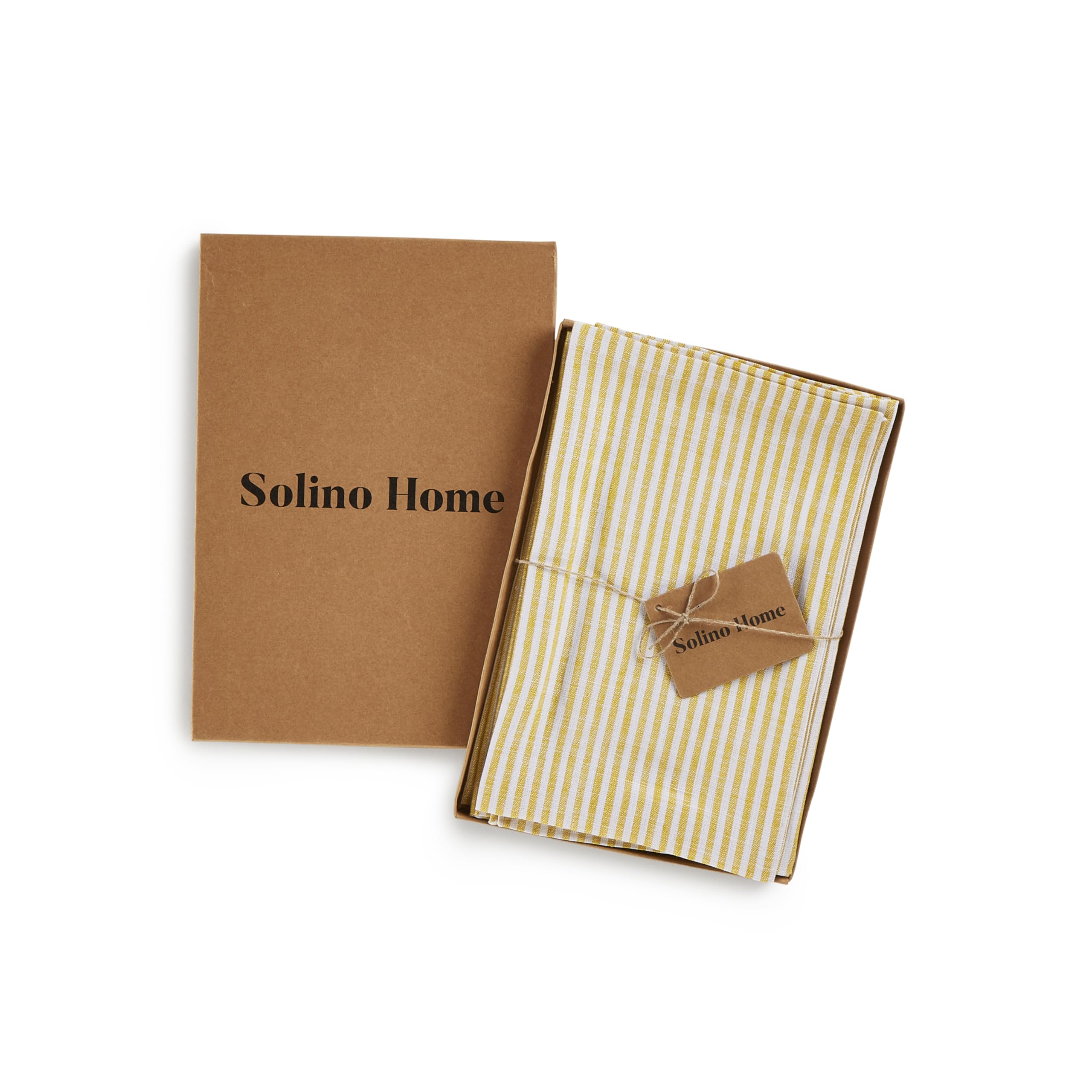 Solino Home Stripe Linen Dinner Napkins 20 X 20 Inch - 100% Pure Linen Spicy Mustard And White Cloth Napkins Set Of 4 For Spring