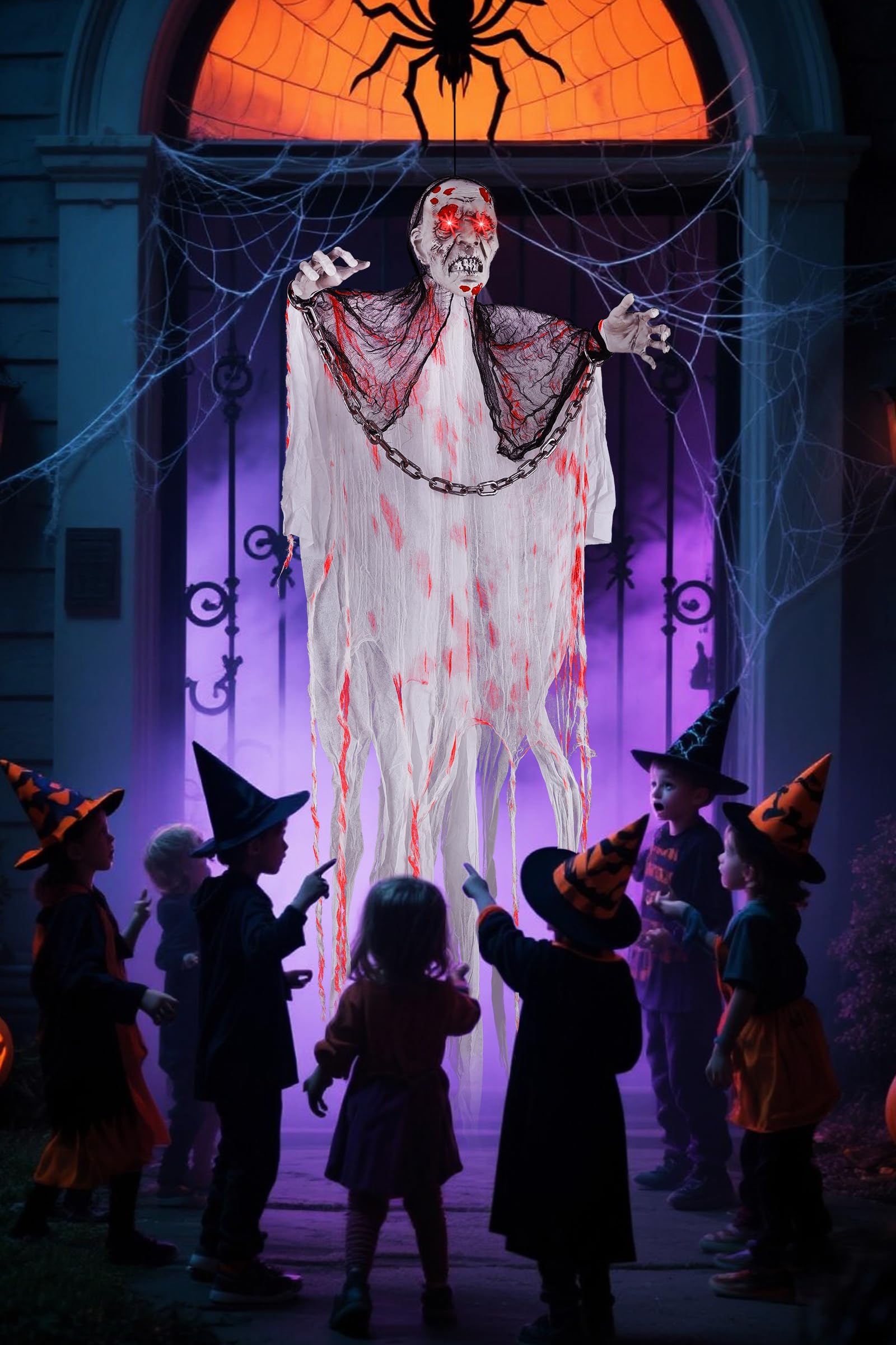 5.57FT Halloween Animatronics Reaper Hanging Skeleton Ghost - Battery Operated Holiday Decoration with Voice-Controlled Sensing