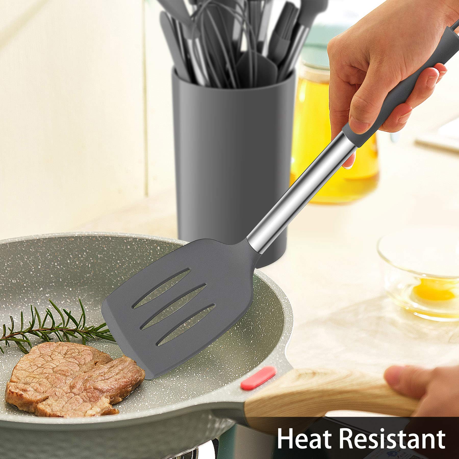 LIANYU 15-Piece Cooking Kitchen Utensils Set with Holder  Silicone Kitchen Tools Stainless Steel Handle  Slotted Spatula Spoon Turner Tong Whisk Brush for Cooking  Gray