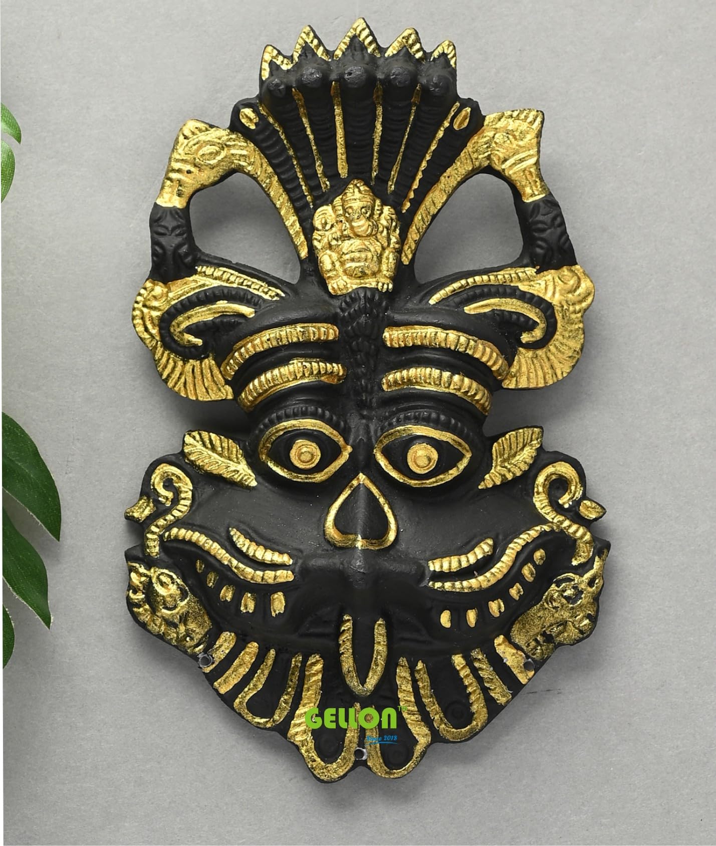Gellon Kirtimukha In Matte Black Finish With Golden Latkan For Home Door In Metal, Wall Hanging For Home Decor, Nazar Battu For 