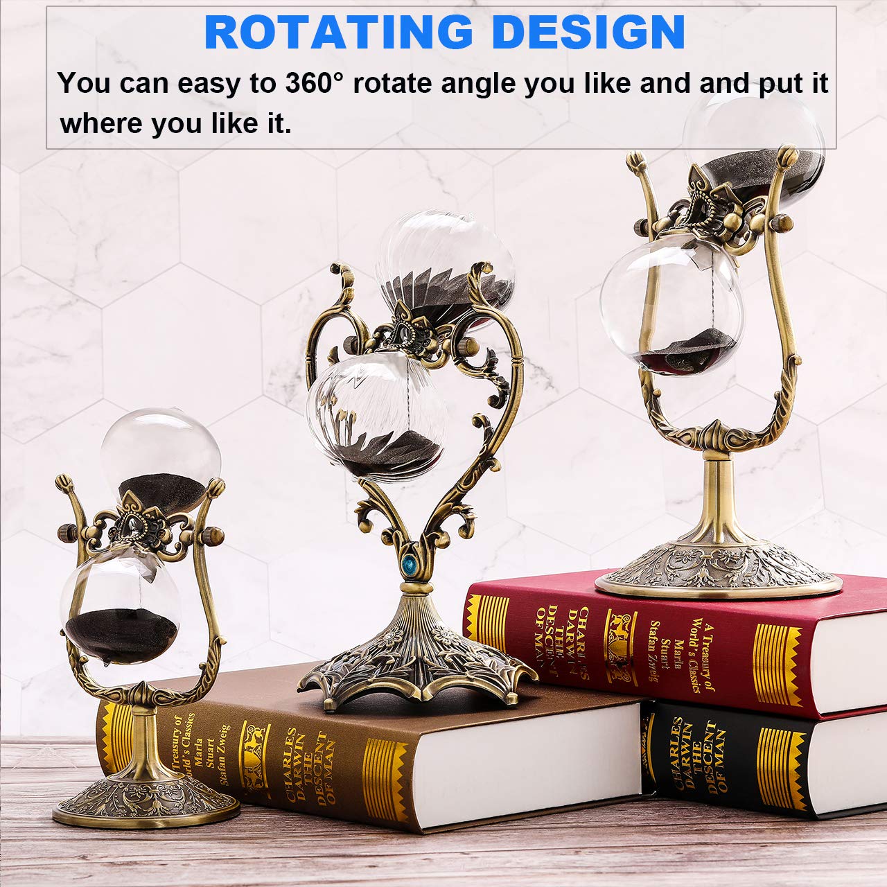 Suliao 60 Minute Hourglass Sand Timer, Vintage Engraved Brass Black Sand Clock, Unique Rotating Sand Watch 60 Min, Antique Large