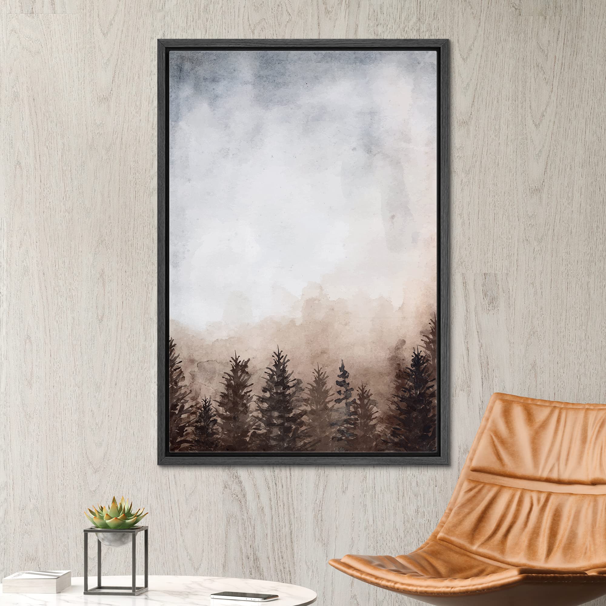 Signwin Framed Canvas Print Wall Art Woodland Nursery Decor Watercolor Forest Plants With Gray Sky Floral Nature Illustrations M