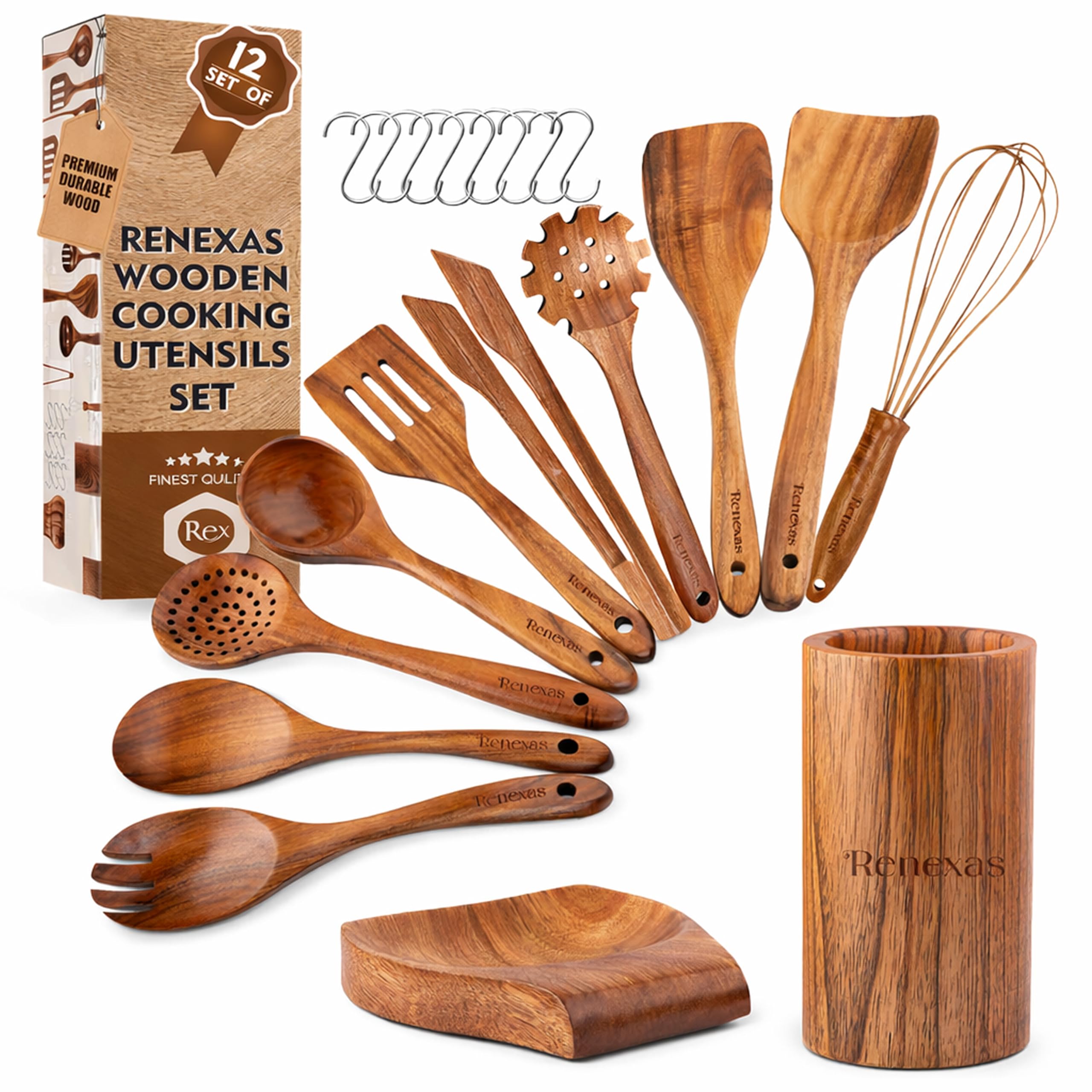 Renexas 12 Pcs Wooden Spoons for Cooking Utensils, Natural Teak Wooden Cooking Spoons with Nonstick Spatula Set, Bamboo Kitchen 