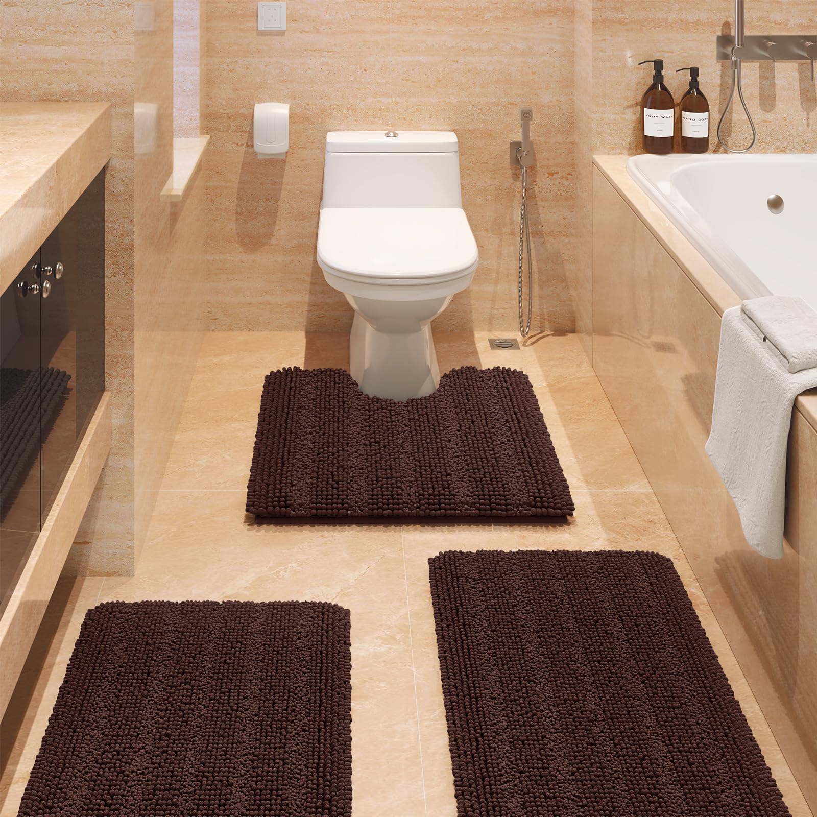 Accumtek Striped Brown Bathroom Rug Set 3 Pieces Ultra Soft, Non Slip Chenille Toilet Mat, Absorbent Plush Shaggy Bath Mats For