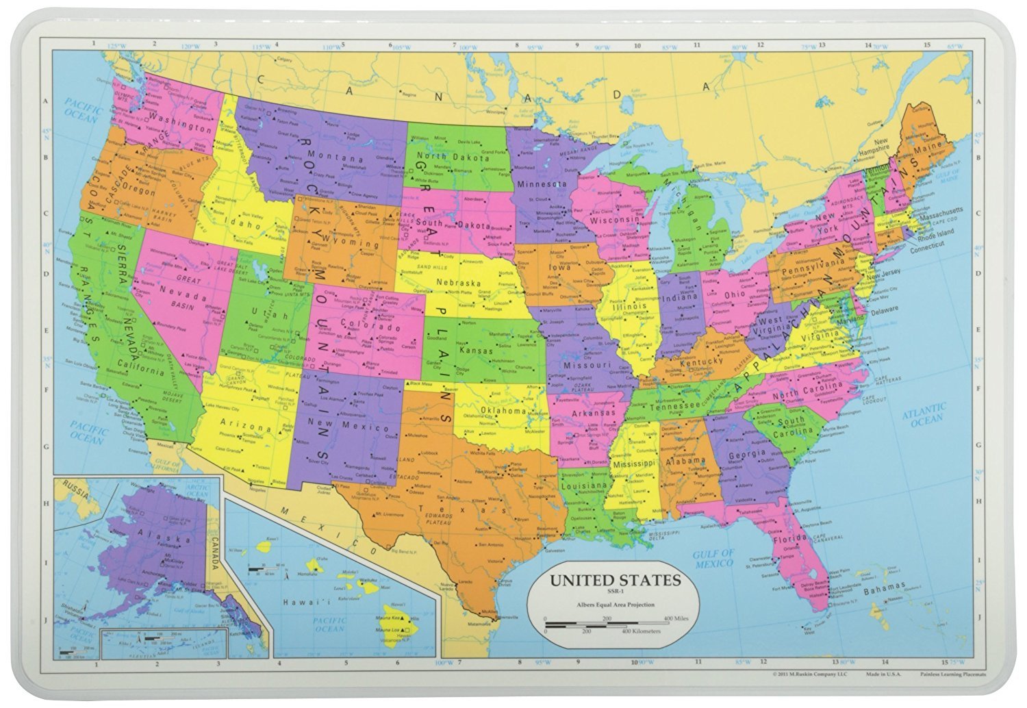 Painless Learning Educational Placemats Set - Large Non-Slip Washable USA and Europe Maps