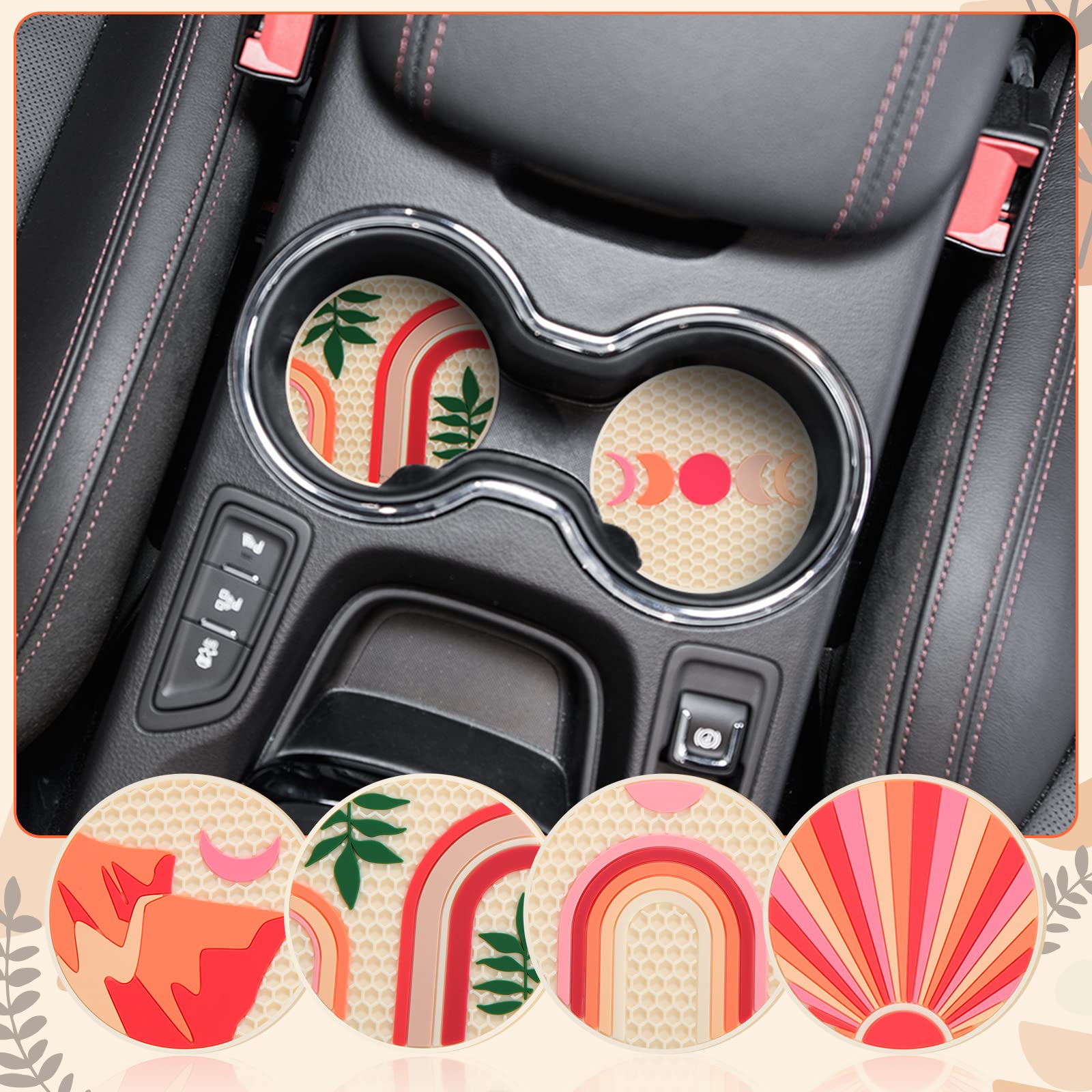 Dandat 8 Pcs Boho Car Coasters Cute Car Cup Holder Absorbent Car Accessories Fun Drink Coaster Car Decoration Gifts for Women (2.76 Inch Silicone)