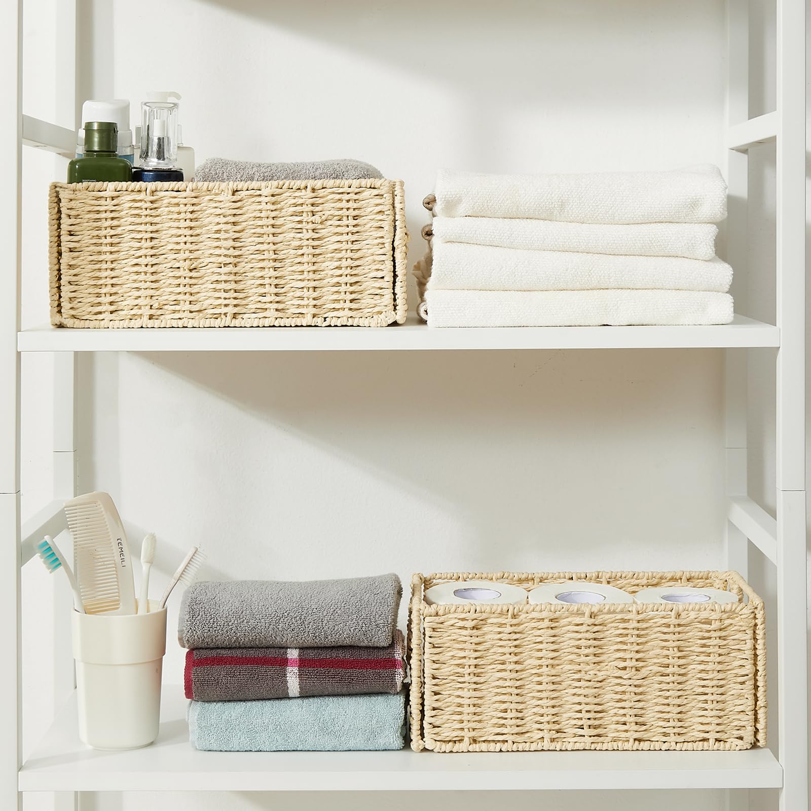 Vagusicc Storage Basket, Set Of 2 Wicker Basket, Hand-Woven Paper Rope Storage Baskets For Organizing, Foldable Rectangular Cube