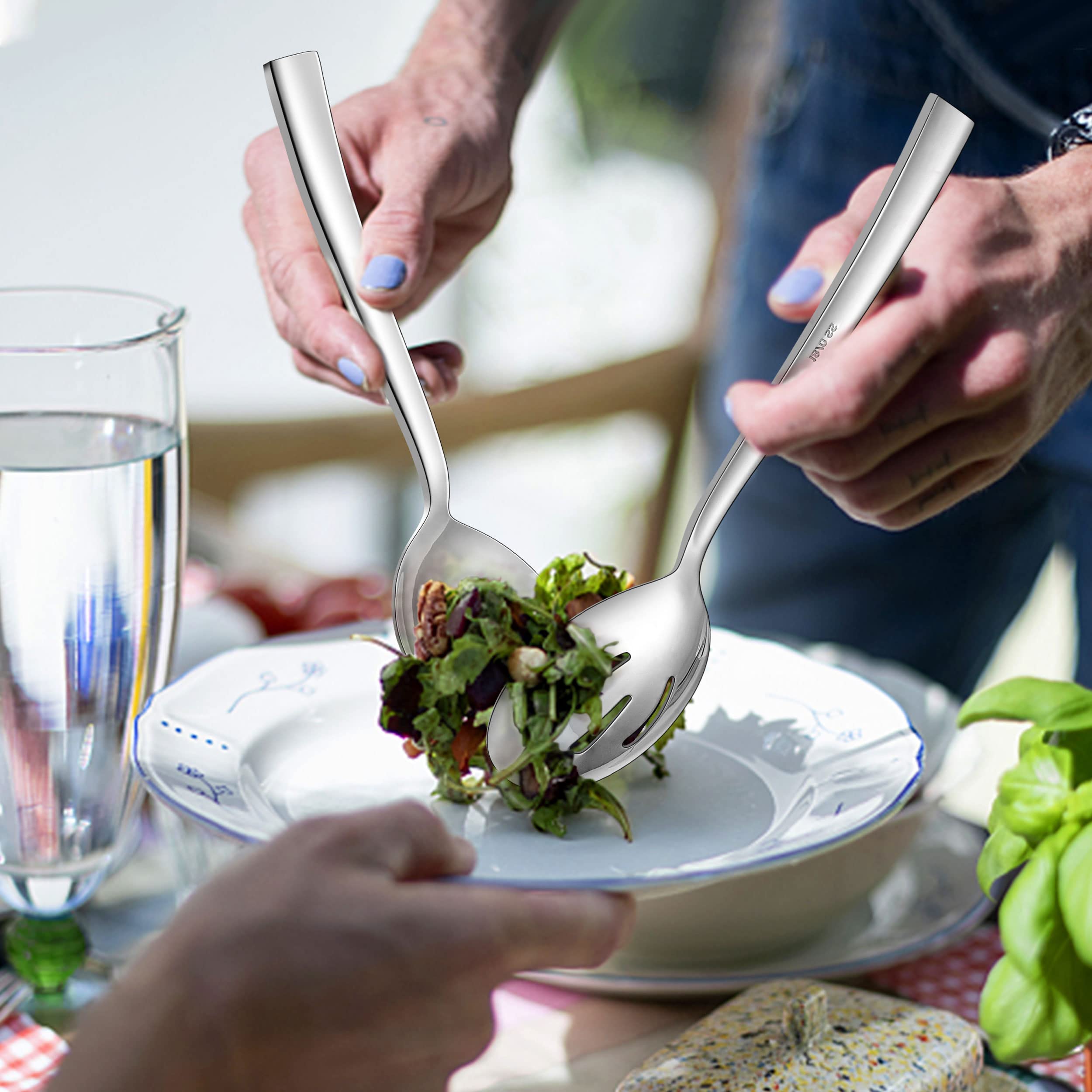 Lianyu 2 Serving Spoons, 2 Slotted Serving Spoons, 2 Serving Forks, 8.6 Inch Stainless Steel Metal Serving Spoons Forks For Buff