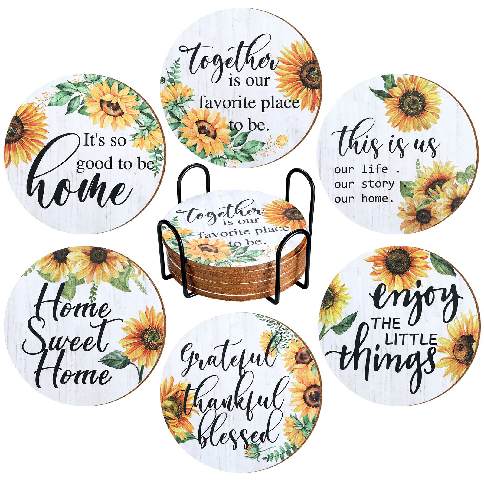 Chengu 6 Pieces Vintage Sunflower Drink Coasters With Holder Absorbent Coaster Sunflower Wood Drink Coasters Thank You Gifts For