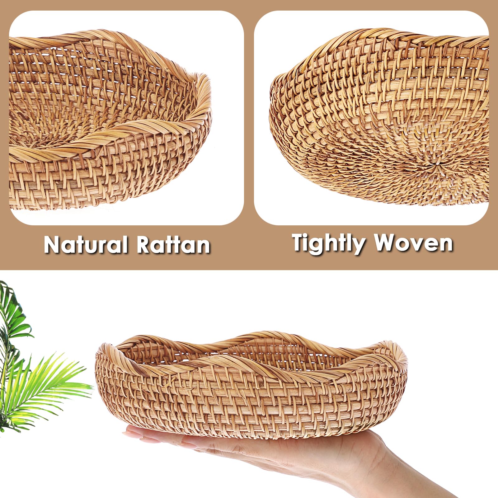 Hipiwe Natural Rattan Tray 8.5 Wicker Storage Bowls Hand Woven Basket Tray for Bread Fruit Key Round Fruit Baskets for Kitchen E