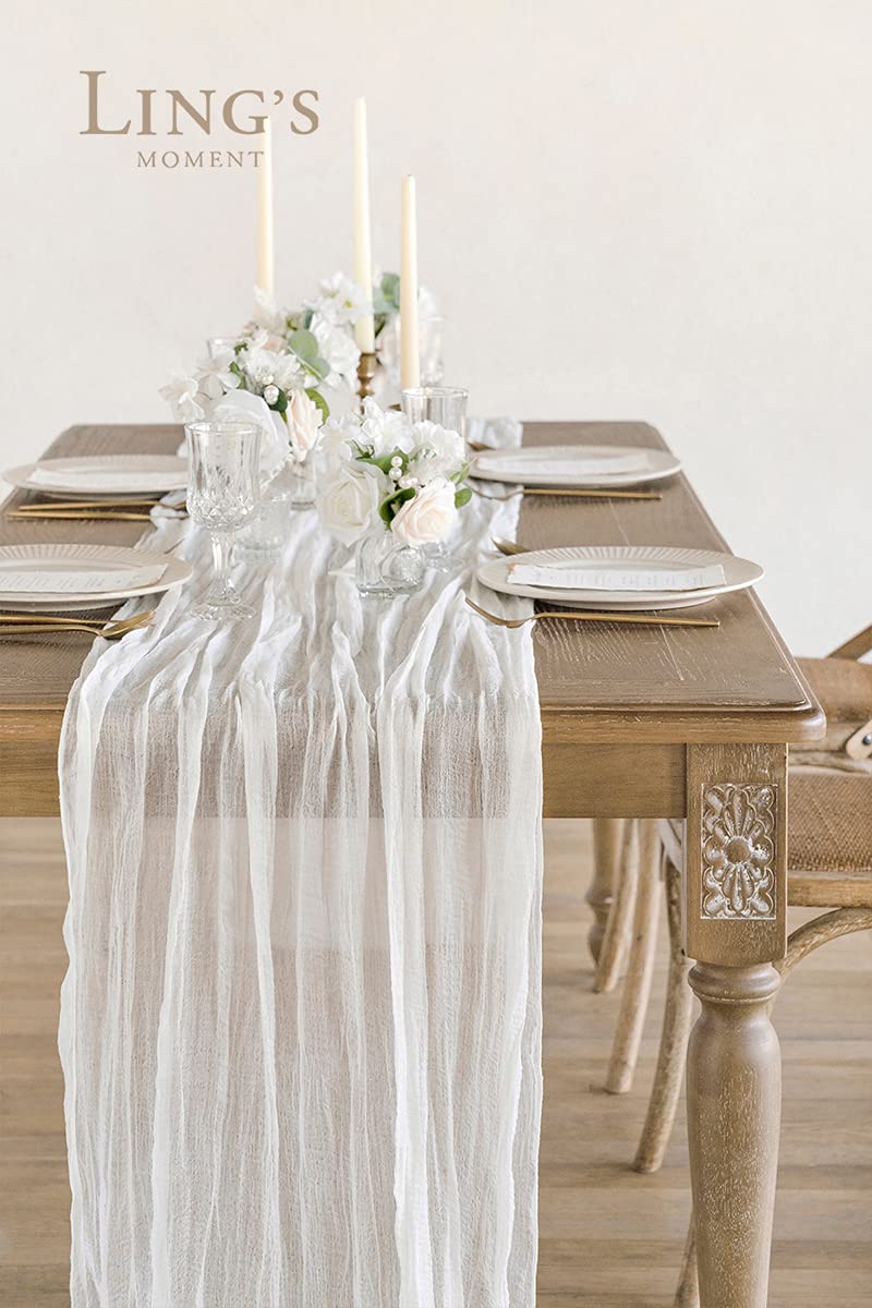 Ling 'S Moment 14Ft X 35 '' Wide Brilliant White Gauze Semi-Sheer Table Runner Cheesecloth Tablecloth For Wedding Party Bridal S