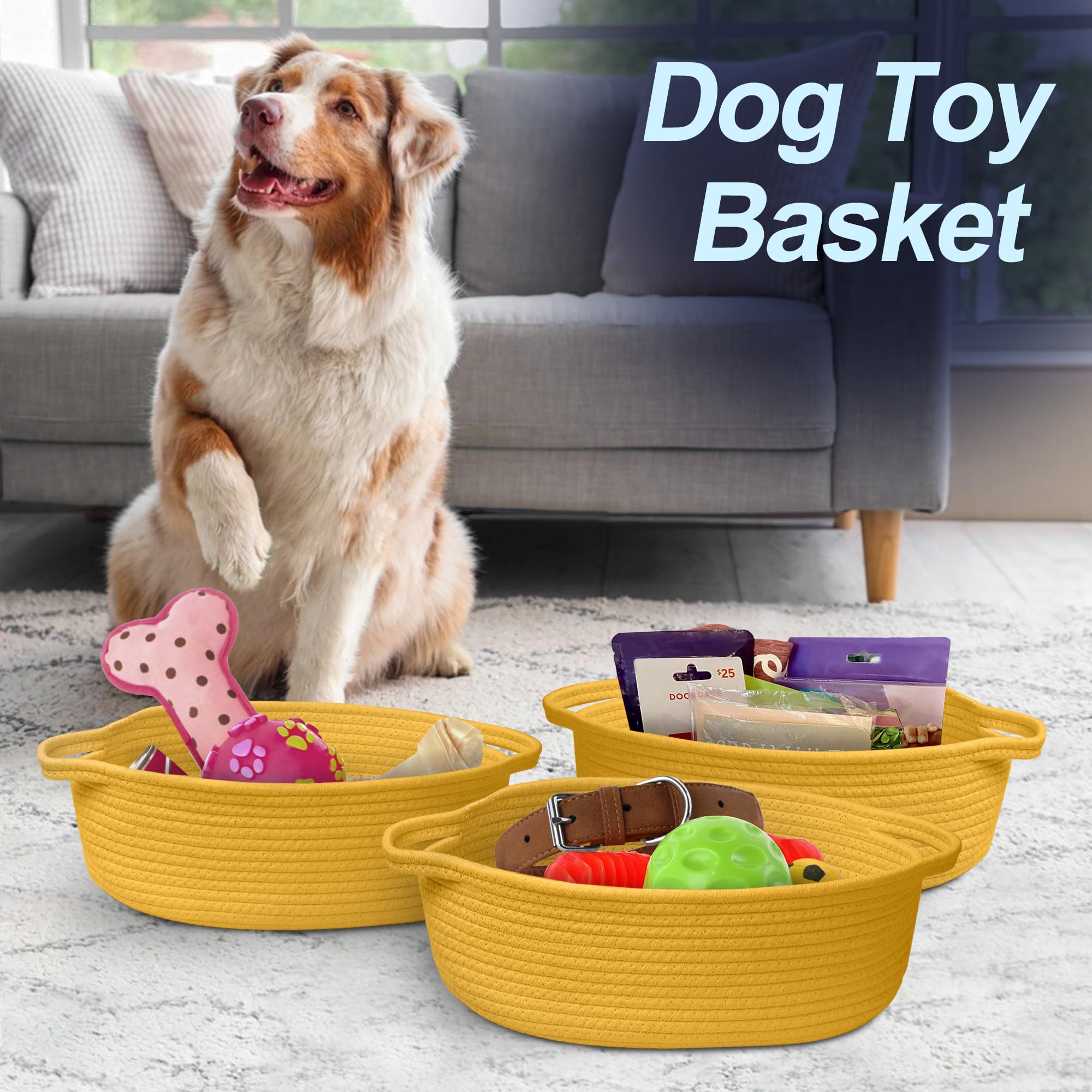 MEGASKET Yellow Woven Basket, 13 x 9 x 5 Baskets for Gifts Empty, Cute Cotton Rope Cat Dog Toy Bin Box, Small Woven Bin for Orga