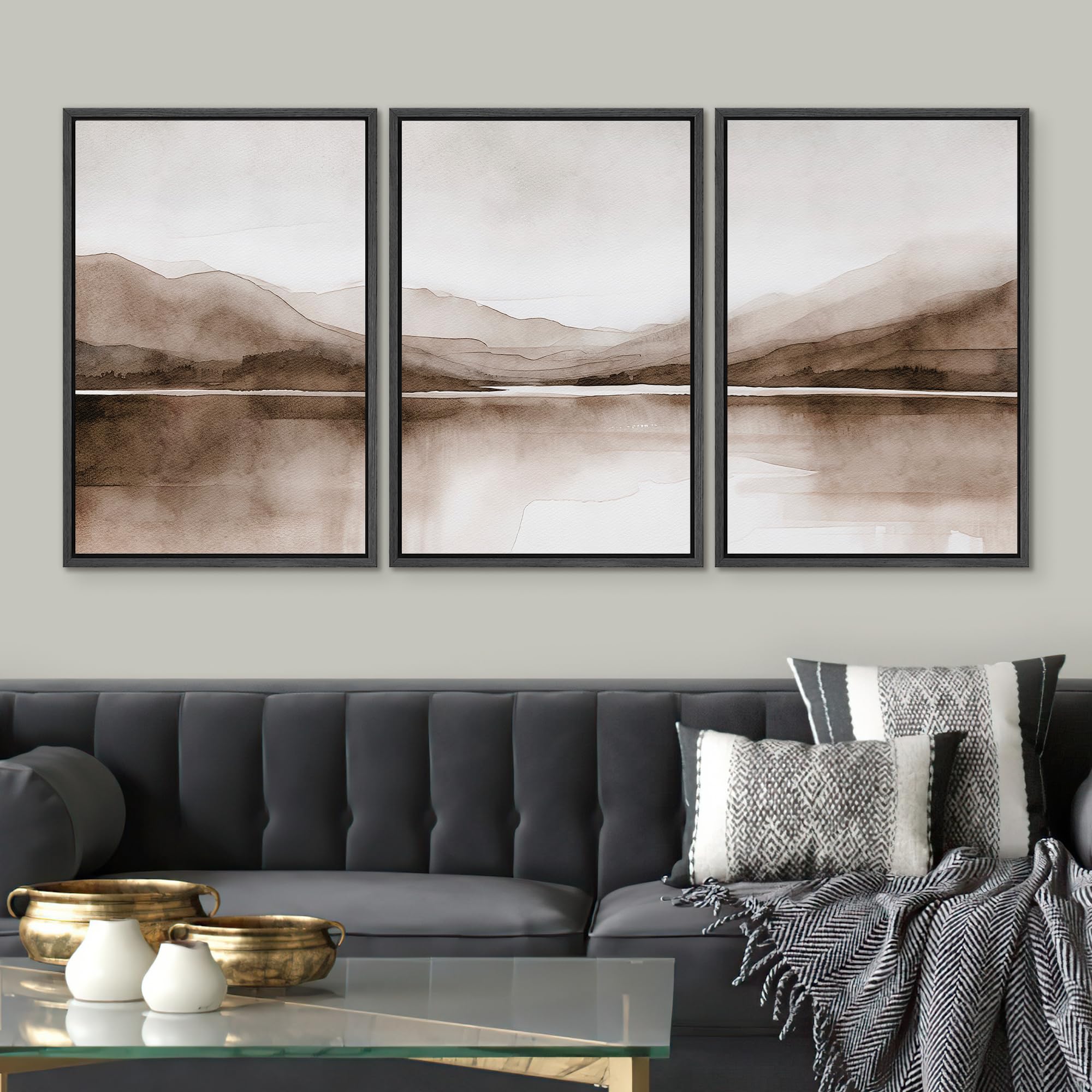 Signwin Framed Canvas Print Wall Art Mountain Landscape Modern Minimalist Brown And Gray Watercolor Nature Wilderness Modern Art