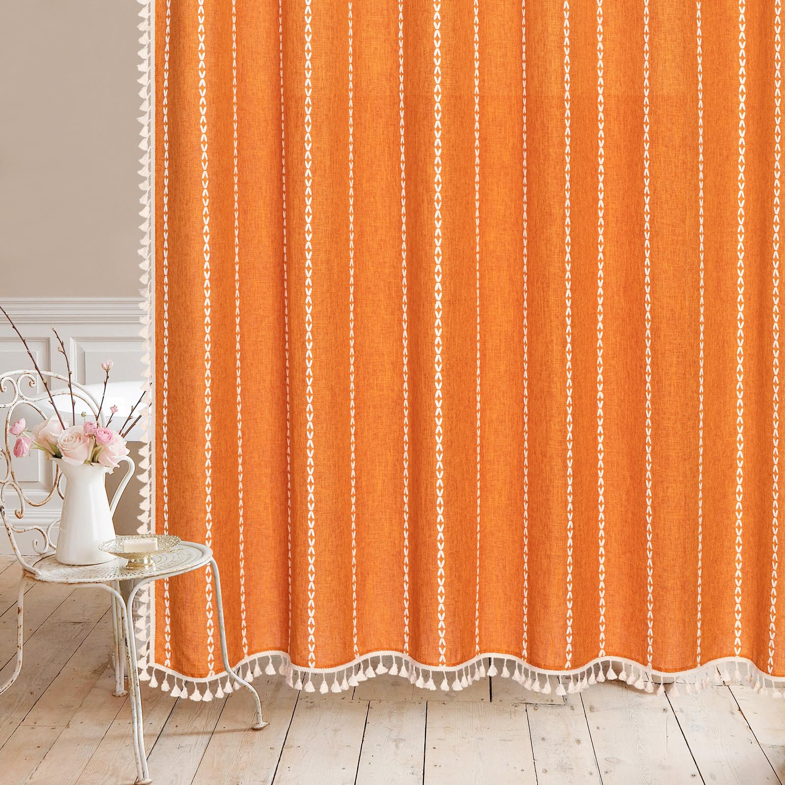 Mitovilla Boho Extra Long Shower Curtain 72 X 84, Orange 84 Inch Xl Cotton Linen Tassel Fabric Shower Curtain Set With Hooks For