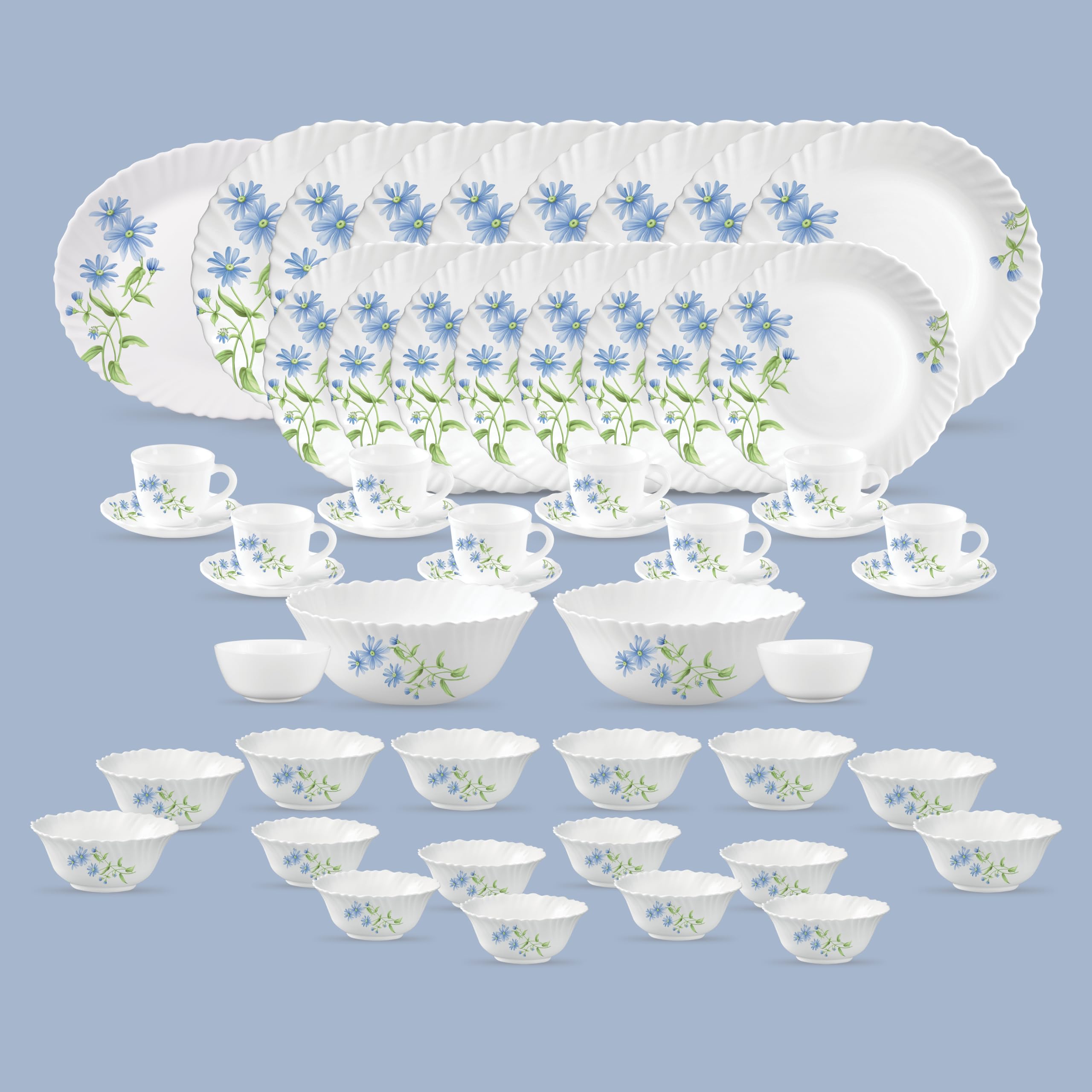 La Opala Diva Classique Collection Opal Glass Crockery | For Family Of 8 | Dinner Set 53 Pcs Blue Daisy | Plates, Bowls & Cups F