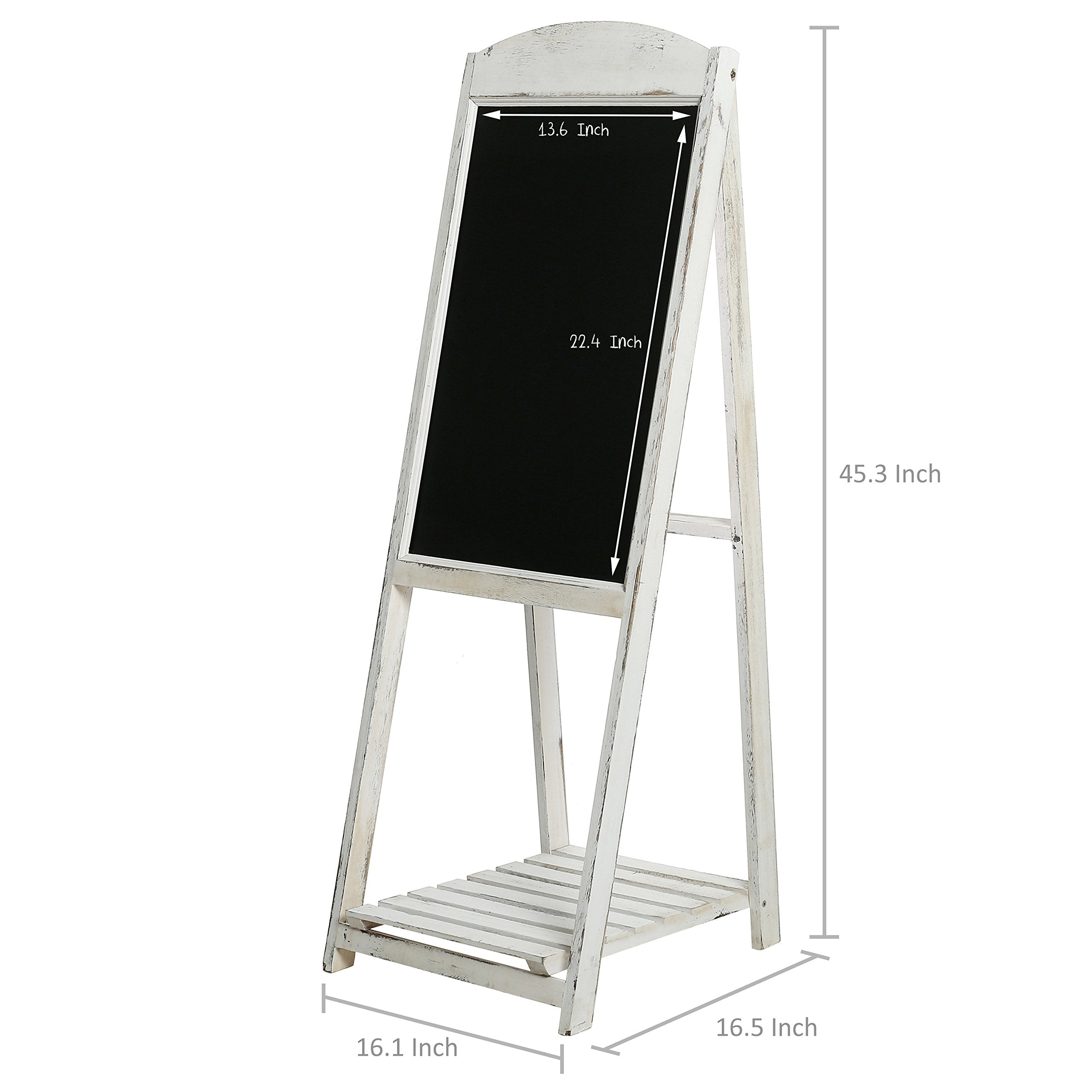 MyGift 45 Inch Tall Vintage White Weathered Paulownia Wood Sidewalk Chalkboard Sign with Plant Shelf Stand, Freestanding A-Frame