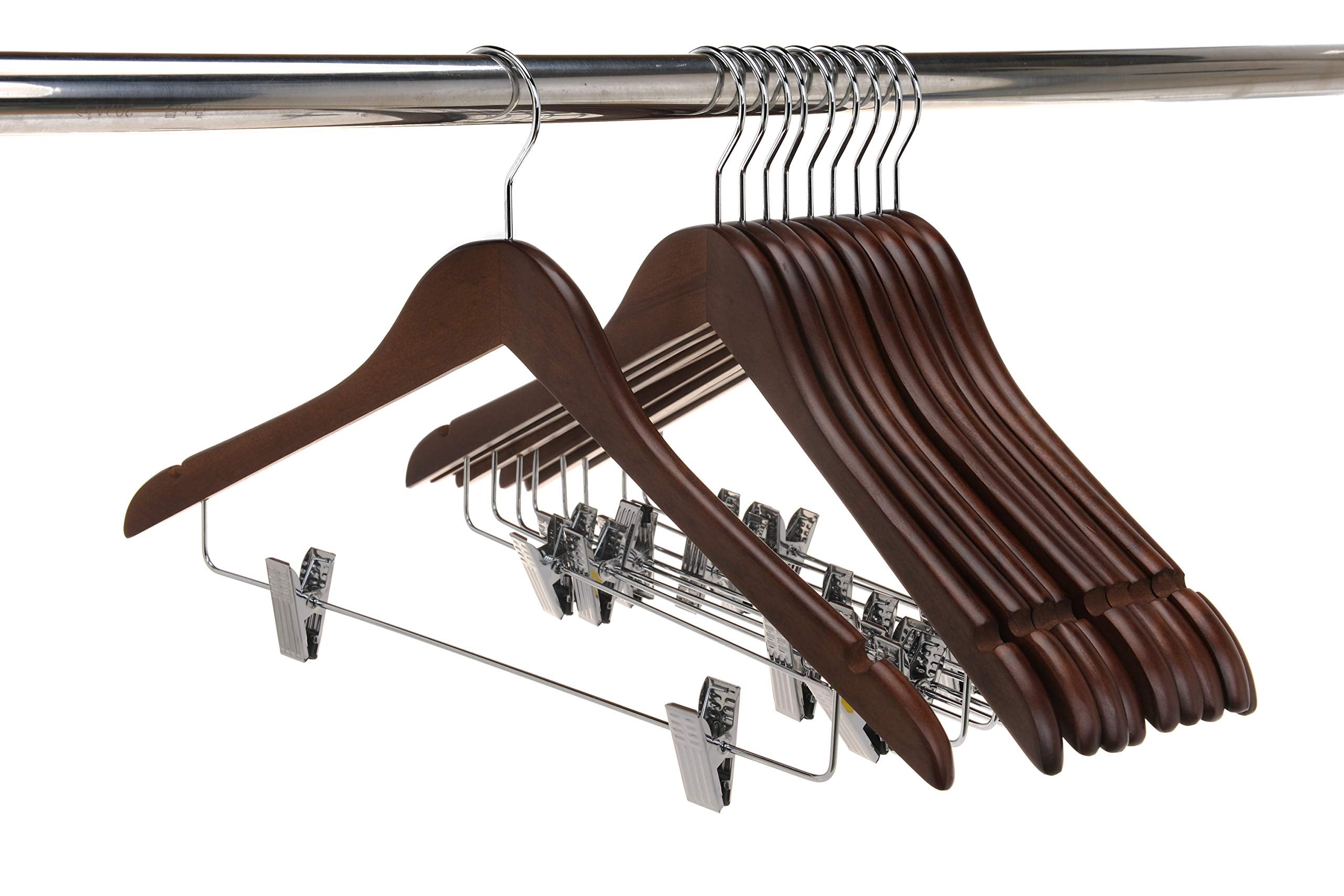 Quality Wooden Skirt Hangers with Clips  10-Pack Smooth Solid Wood Pants Hangers with Durable Adjustable Metal Clips  Swivel Hook  Coat  Jacket  Blouse Suit Hangers (Walnut - Chrome Hook  10)