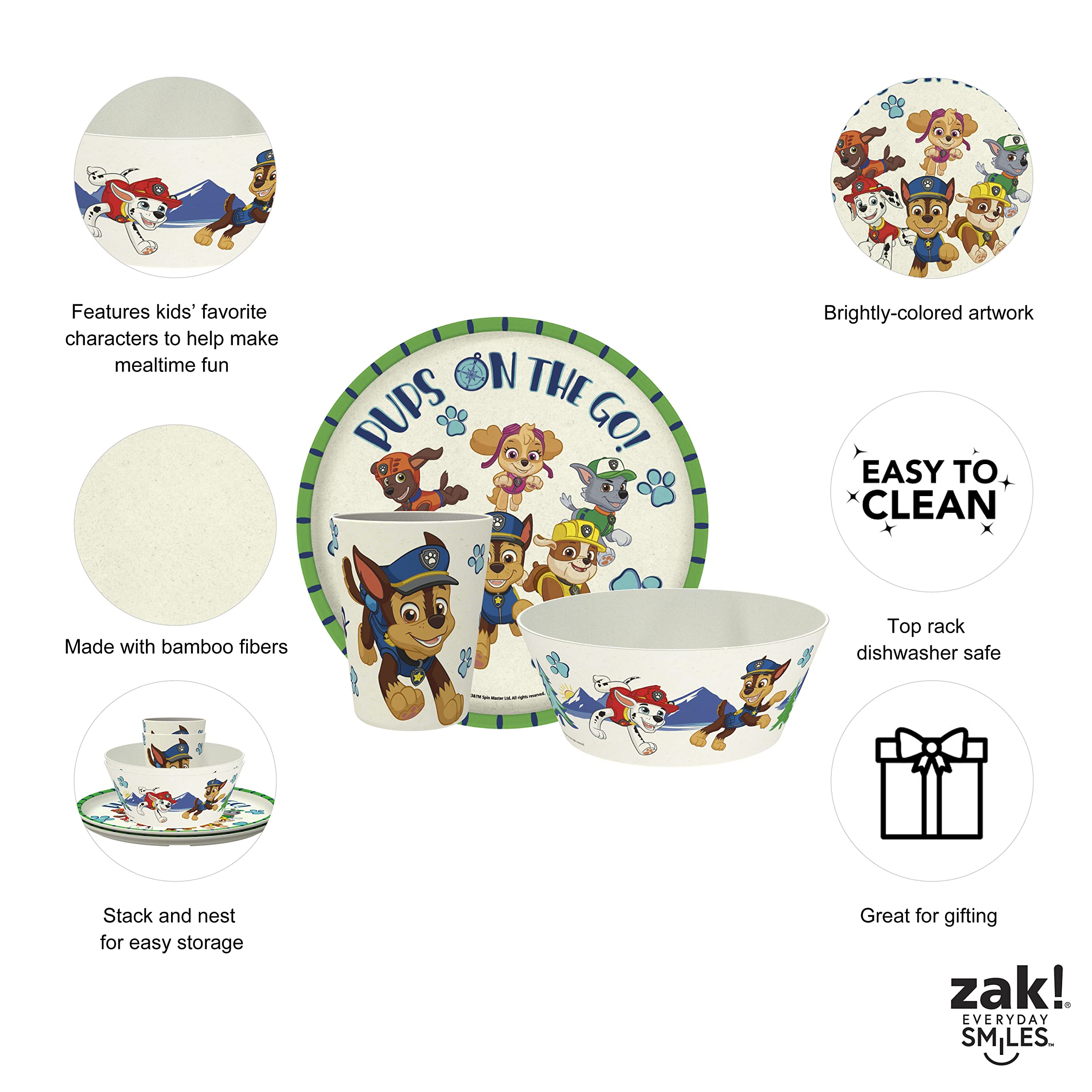 Zak Designs Paw Patrol Kids Dinnerware Set 3 Pieces, Durable And Sustainable Melamine Bamboo Plate, Bowl, And Tumbler Are Perfec