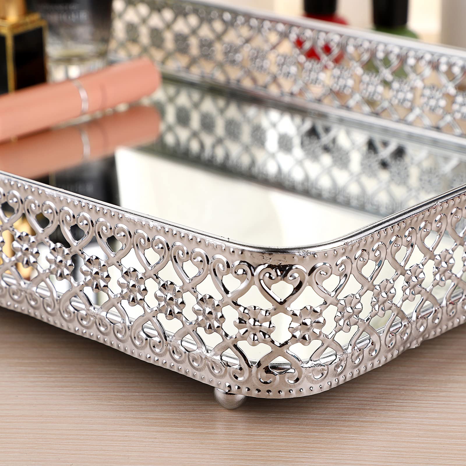 Elldoo Perfume Tray Mirror Tray Silver Vanity Makeup Hollow-Carved Jewelry Tray Glass Metal Trinket Storage Tray Home Decor Orga