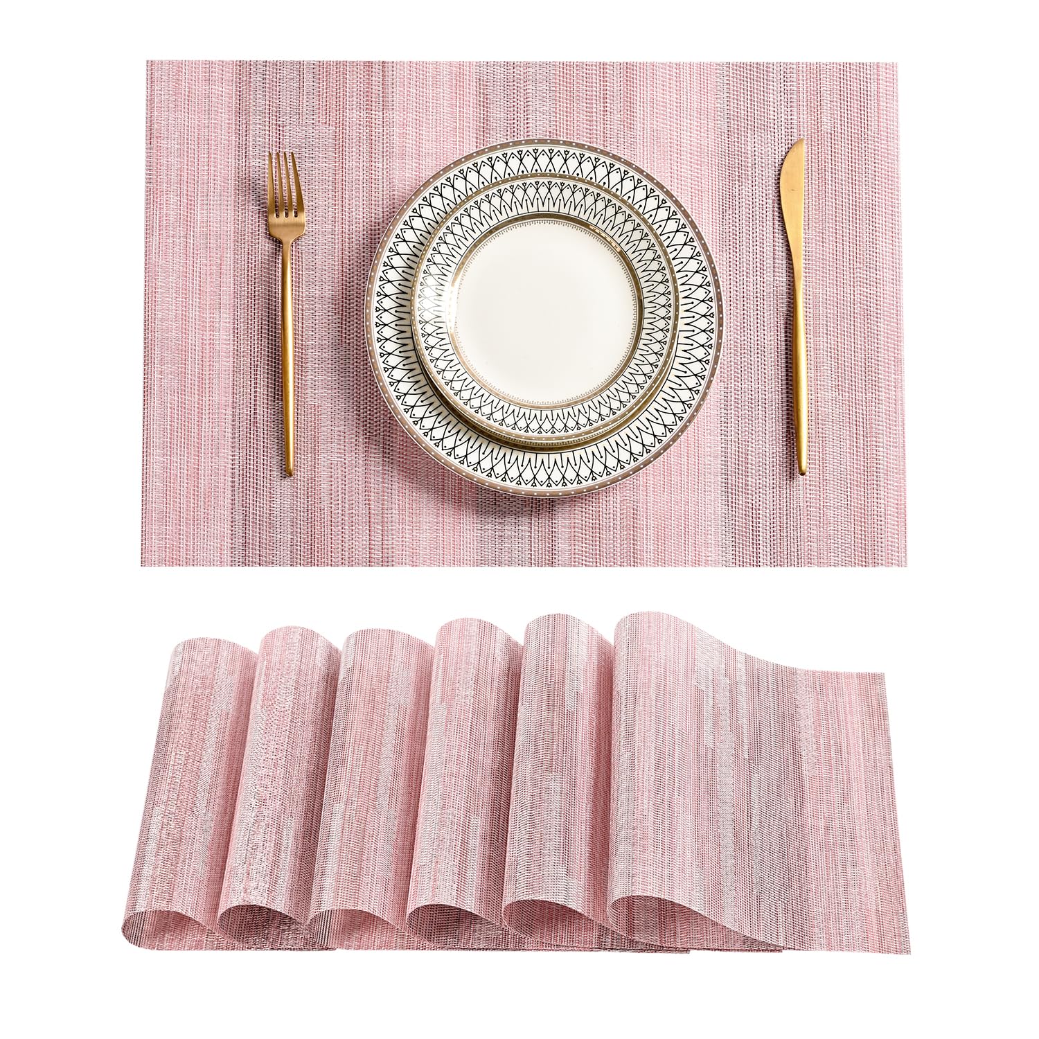 Leetaltree Misty Rose Placemats Set Of 6 - Heat Resistant Non-Slip Place Mats For Dining Table, Washable Durable Pvc Vinyl Woven
