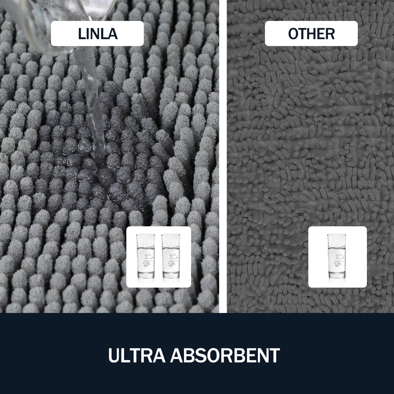 Linla 3 Pieces Bathroom Rug Set, Absorbent Non Slip Chenille Bath Mat, Thick Plush Chenille Carpet Mats Set,Washable Dry Quickly