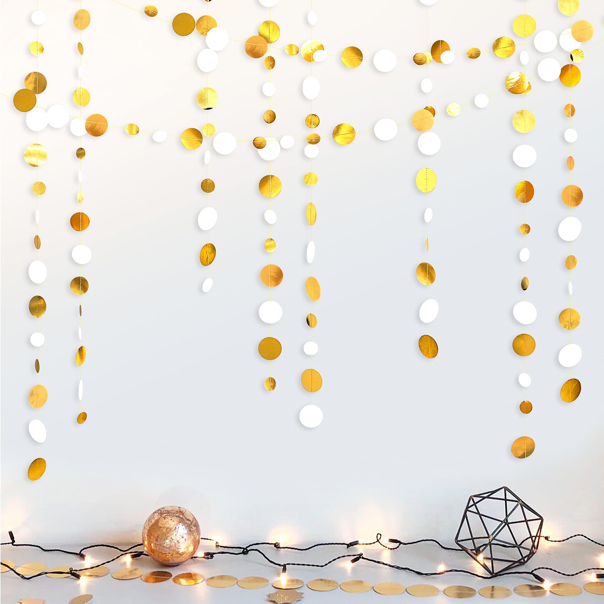 46 Feet White And Gold Circle Dots Garland Hanging Paper Polka Dots Streamer For Birthday Bachelorette Engagement Anniversary We