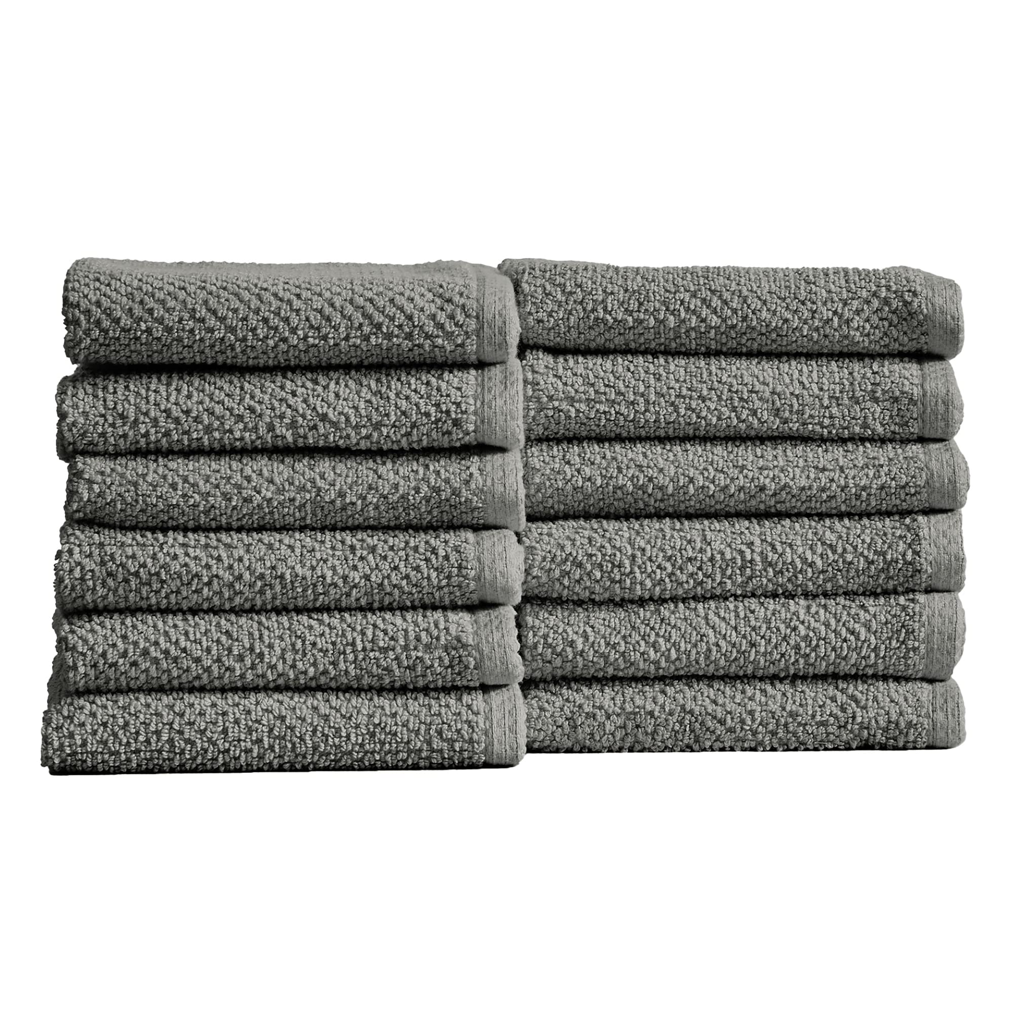 12-Pack 100% Cotton, Quick-Dry Textured Washcloths. Ultra-Absorbent, Popcorn Weave. Acacia Collection. (Wash 12Pk, Dark Grey)