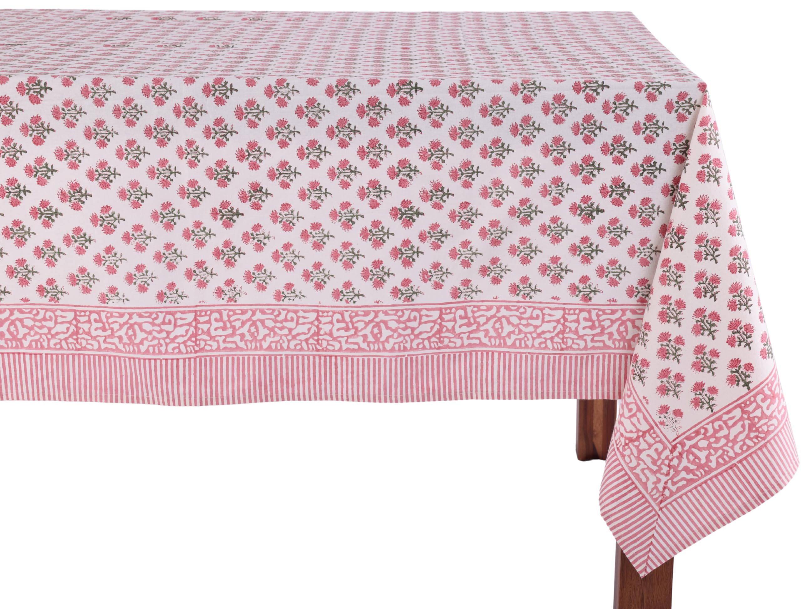 ATOSII Gulbahar White Pink 100% Cotton Fall Rectangle Tablecloth, Hand Block Print Washable Table Cover, Christmas Parties Buffe