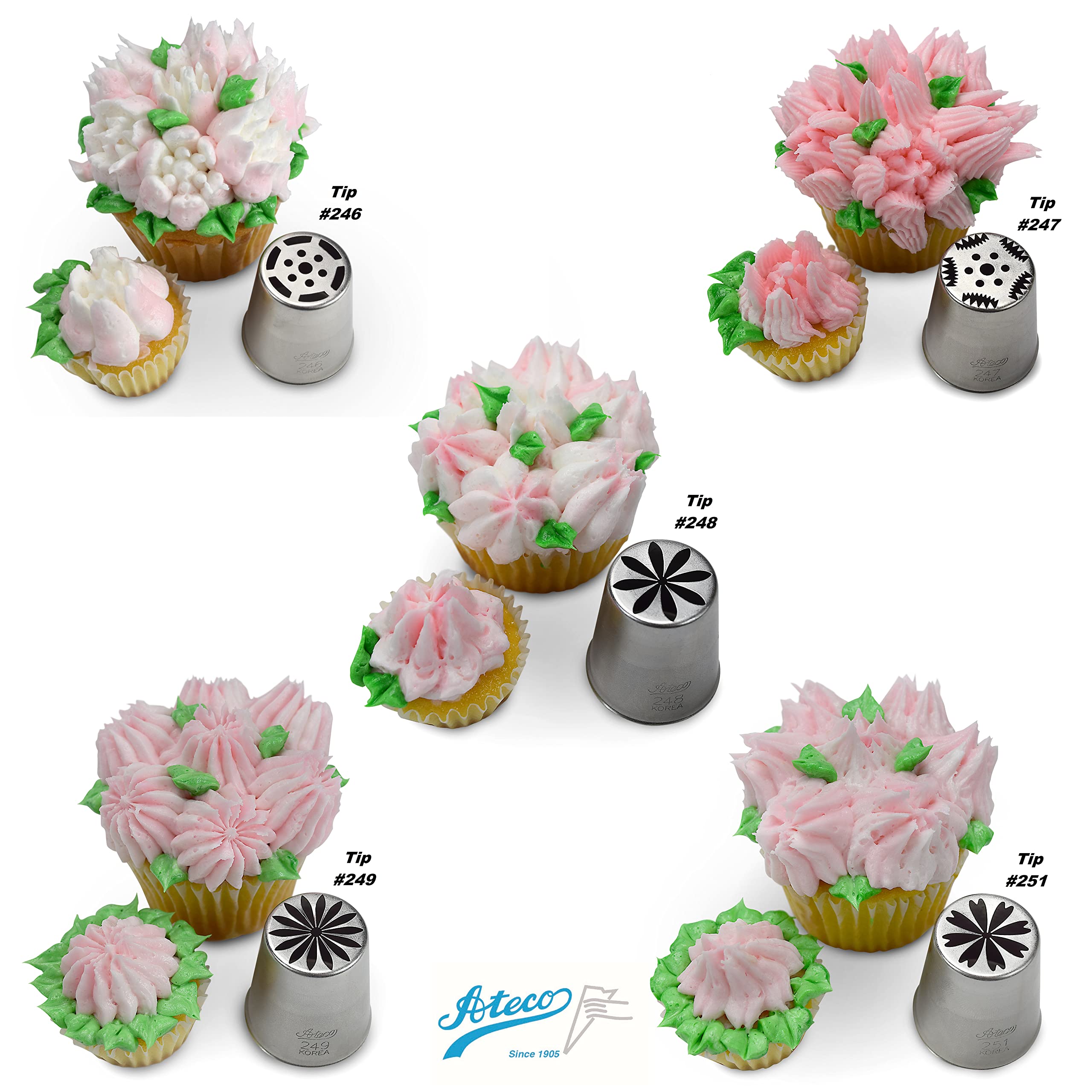 Ateco One Step Flower Tube Includes Stainless Steel  15-Piece Russian Tip Set  Silver