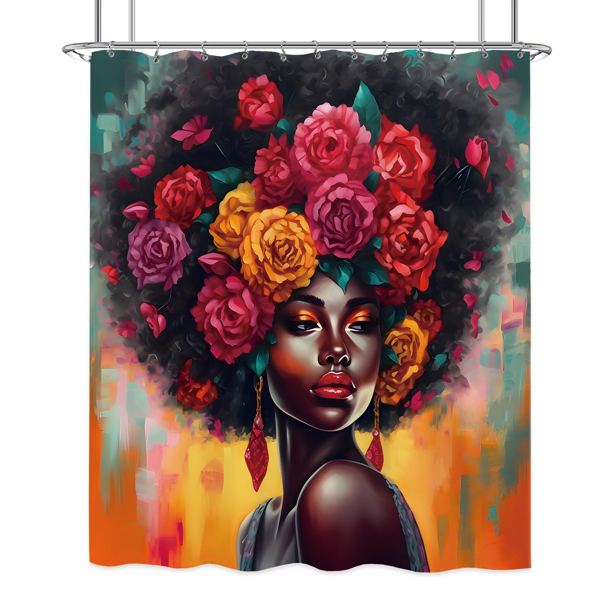 Laifzere African American Black Girl Shower Curtain Black Woman Shower Curtain For Bathroom Set Rose Afro Flower Floral Colorful