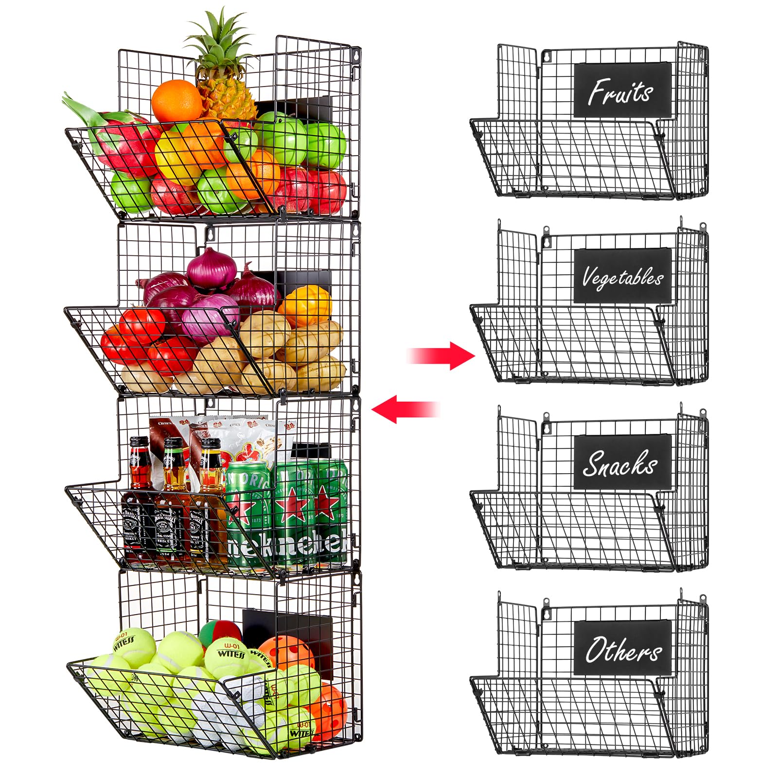 X-cosrack Metal Wire Basket Wall Mount, 4 Tier Extra Large Wall Storage Basket Organizer with Chalkboards, Kitchen Fruits and Ve