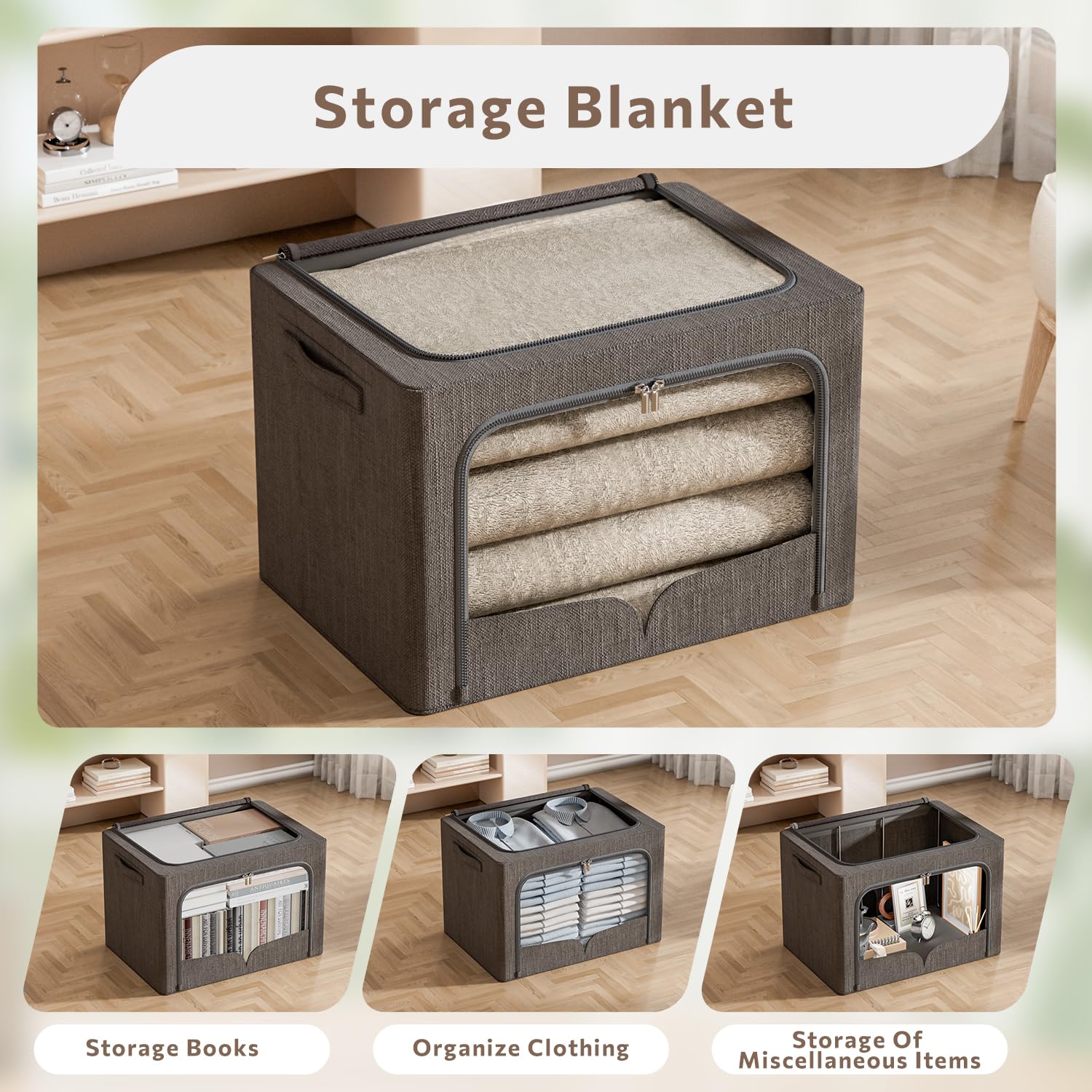 3 Pack Extra Large Clothes Storage Bins - Foldable Metal Frame Storage Box - Stackable Linen Fabric Organizer Set with Carrying