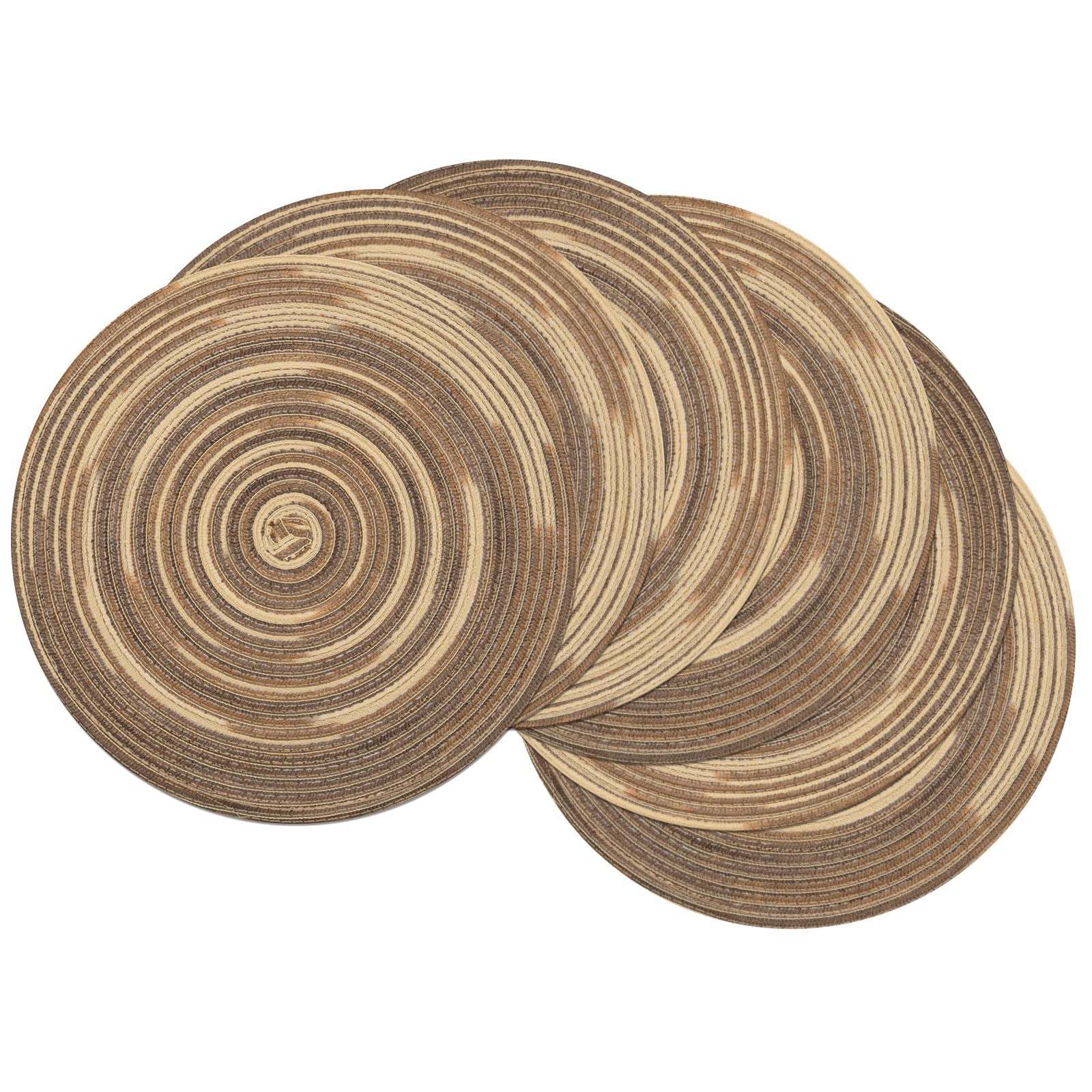 SHACOS Round Placemats Set of 6 Washable 15 inch Variegated Braided Round Place Mats Kitchen Table Mats (Rainbow Brown, 6)