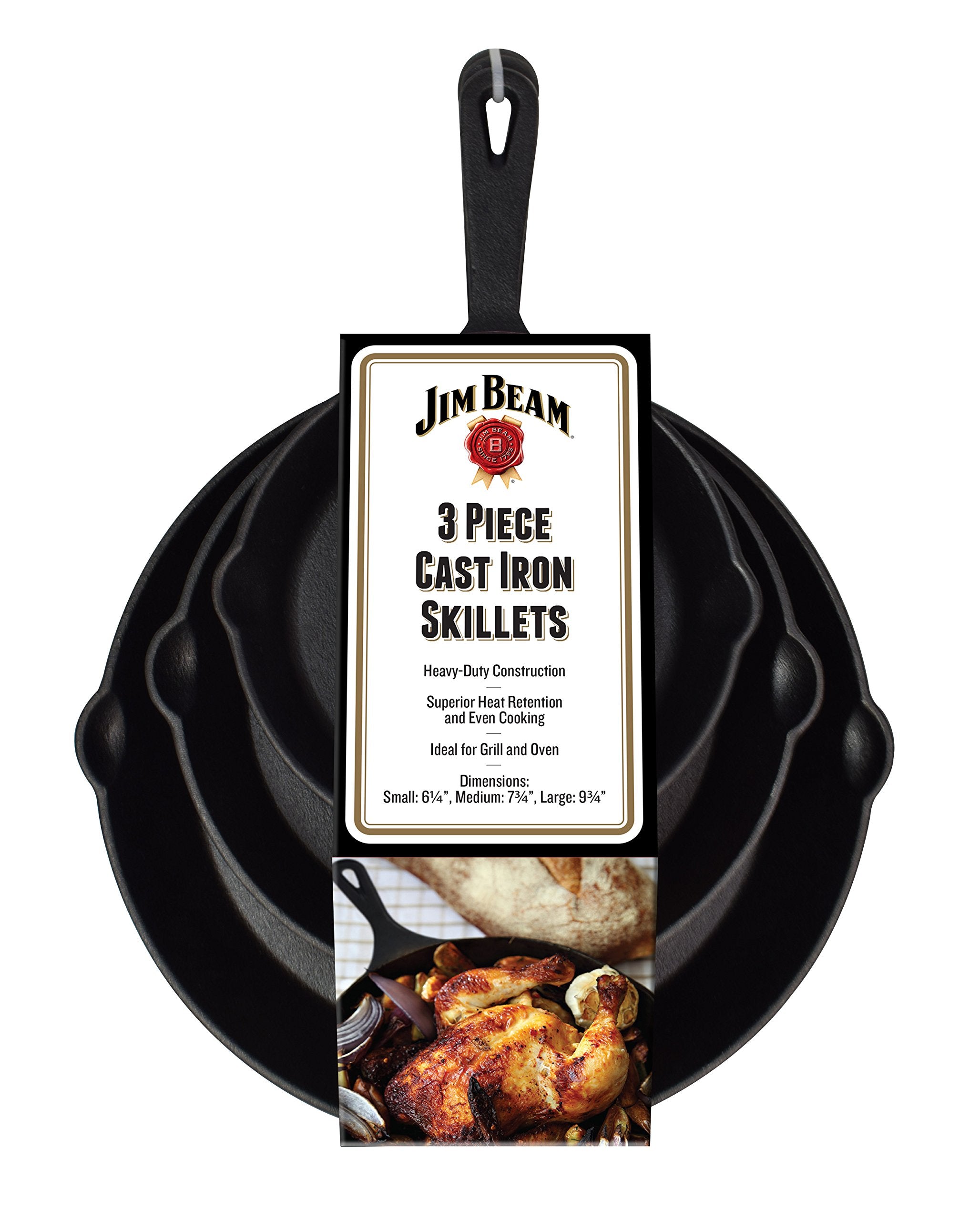 Jim Beam Set Of 3 Pre Seasoned Cast Iron Skillets With Even Distribution And Heat Retention-6'' 8'' 10'', Large, Black