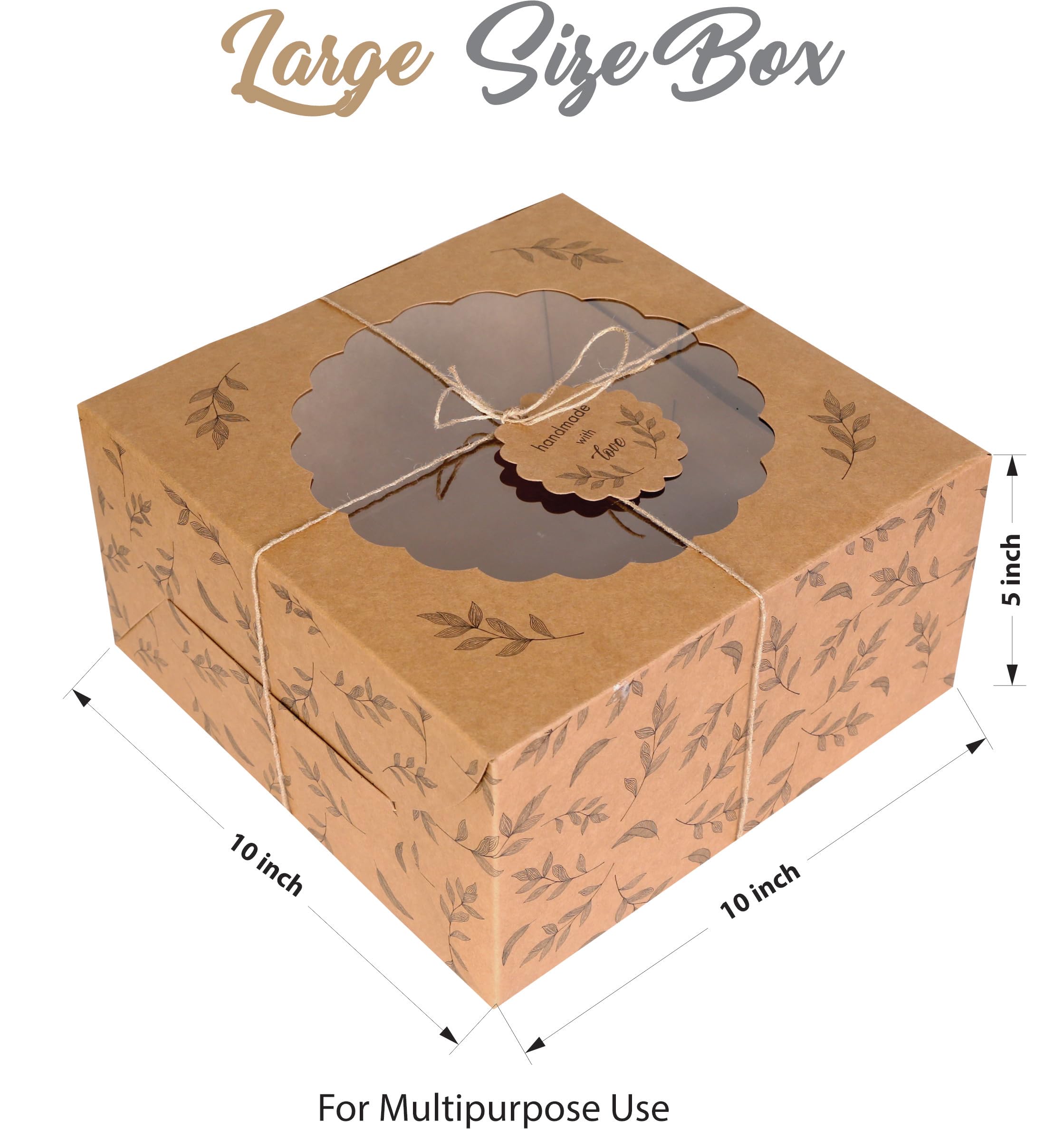 Mudrit Kraft Cake Boxes With Window (10Pcs) - Brown Bakery Boxes For Cakes, Donuts, Pie, Cookies, Cupcakes, Chocolates, Desserts