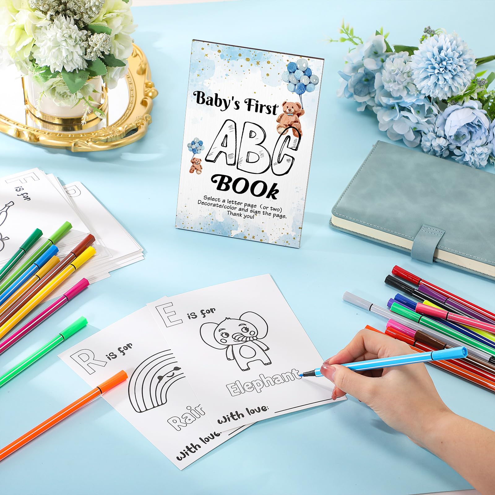 Geelin Fun Baby Shower Game Kid'S Abc Book Sign 26 Coloring Game Card Alphabet A To Z Coloring Card 24 Watercolor Pen For Baby S