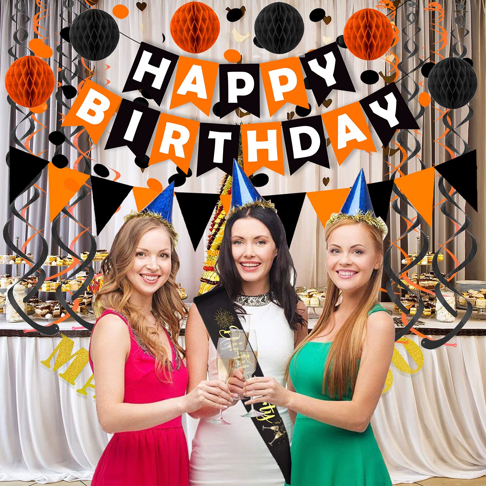 Fecedy Black Orange Happy Birthday Banner Paper Triangle Flag Bunting Circle Confetti Dots Hanging Garland And Honeycomb Ball Sw
