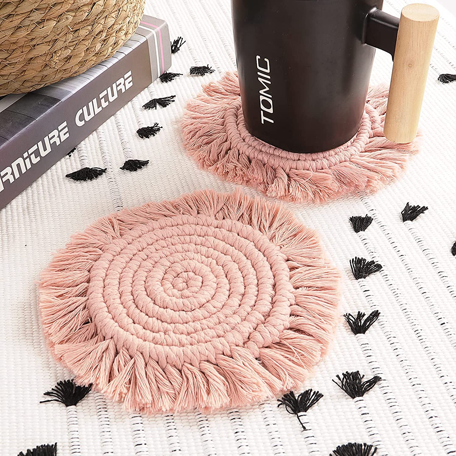 2 Pcs Coasters For Drinks, Boho Coasters,Macrame Coasters With Tassels,Table Decor Bohemian Braided Coasters,Coaster Set For Hom