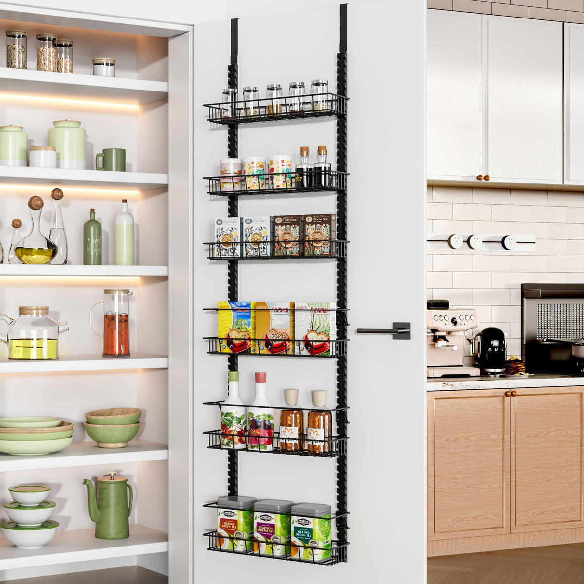 Churboro Over the Door Pantry Organizer Rack with 6 Adjustable Baskets, 6 Tiers Dual-use Spice Rack- Hanging or Wall Mount Spice