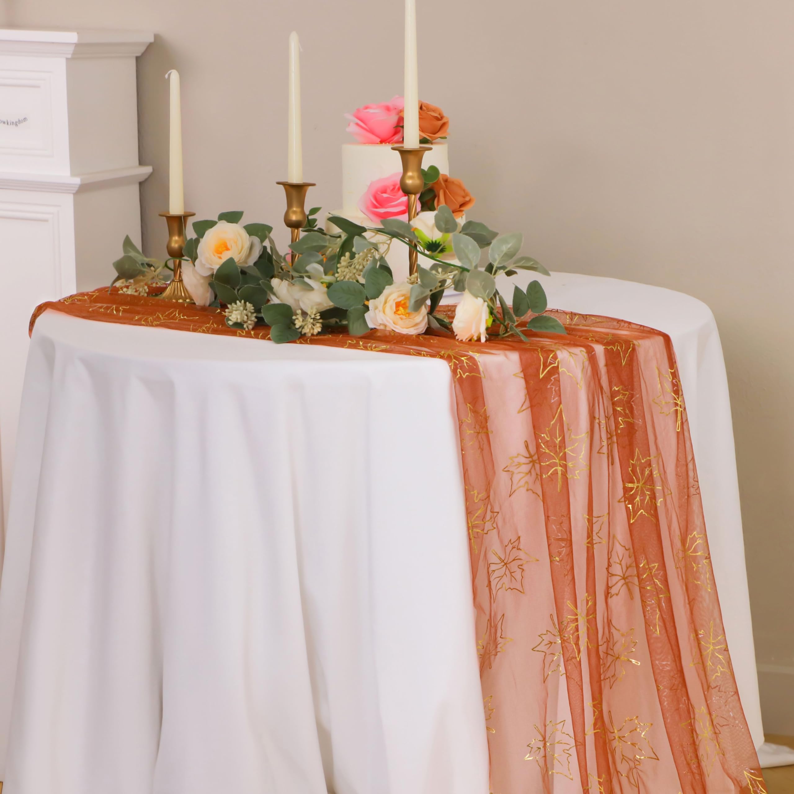 Snowkingdom Fall Thanksgiving Table Runner 10Ft, Gold Maple Leaves Burnt Orange Rust Sheer Tulle Gauze Cheesecloth, Golden Sequi