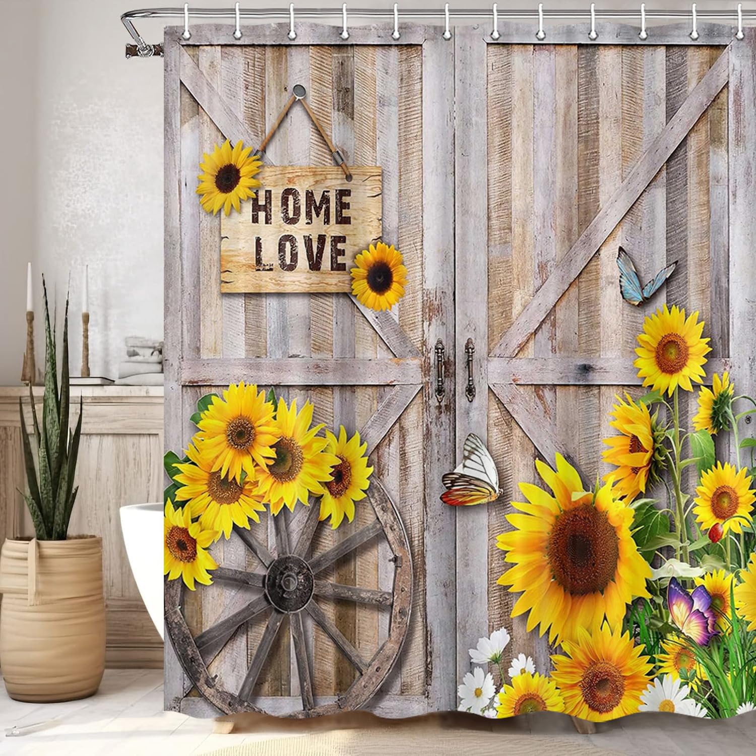 Rustic Spring Summer Sunflowers Butterfly Shower Curtain For Bathroom, Wooden Board Western Barn Door Farmhouse Bath Curtain, Fa