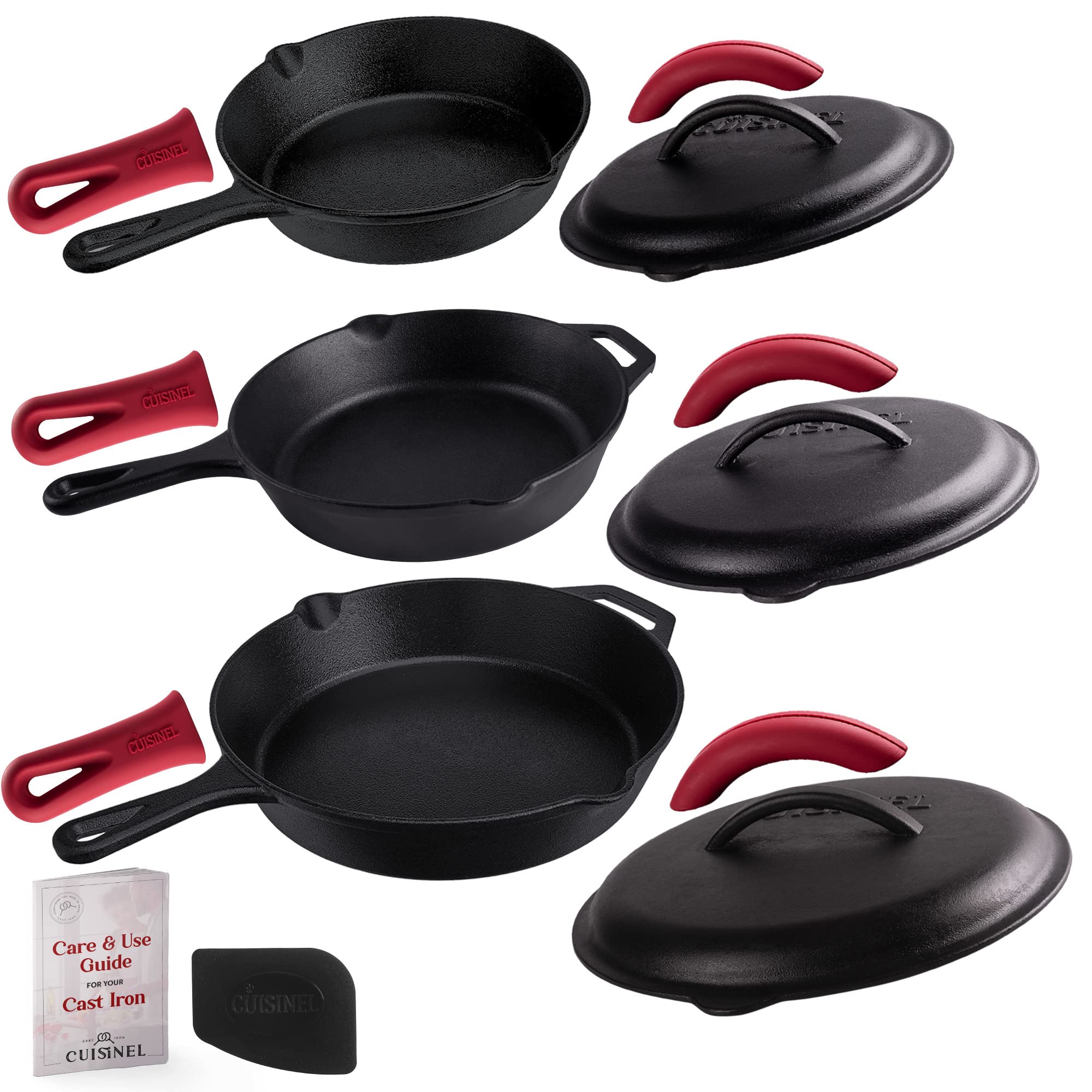 Cuisinel 12 + 10 + 8-Inch Cast Iron Skillets Set With Braiser Lids + Silicone Handle Grips + Pan Scraper - Indoor/Outdoor Pre-Se