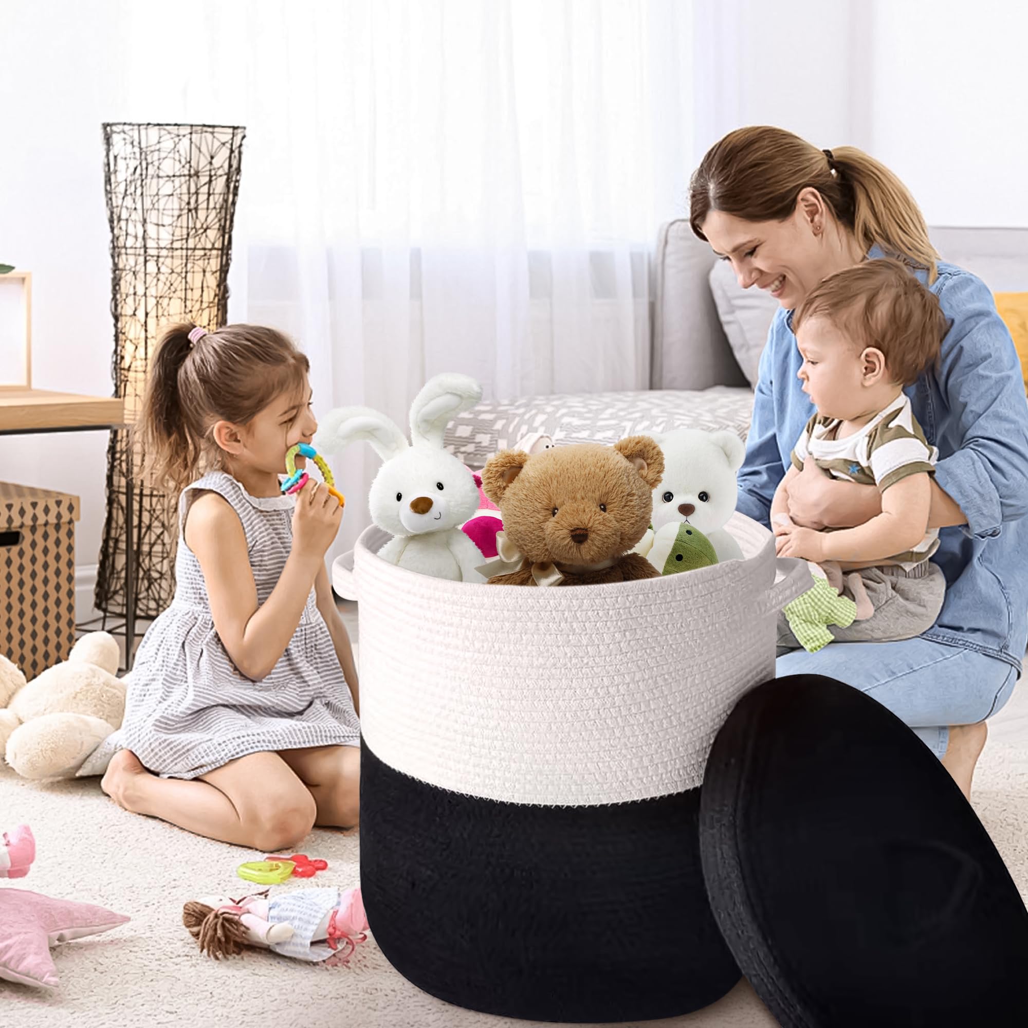 Extra Large Storage Basket With Lid 60L, 16''Wx18''H Woven Laundry Basket With Lid Cotton Laundry Basket, Wicker Basket Blankets