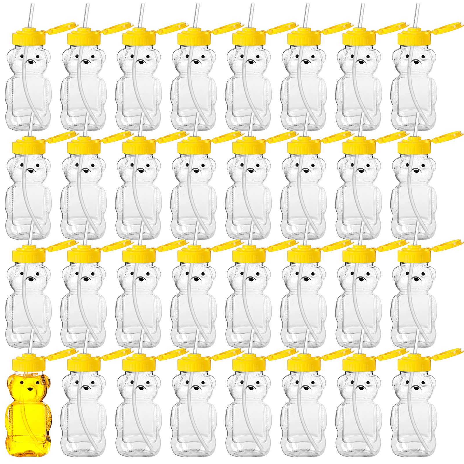 32 Pack Honey Bear Bottle With Straws Empty Plastic Cup Honey Jar Containers Bear Shaped Squeeze Bottle Storing And Dispensing Y