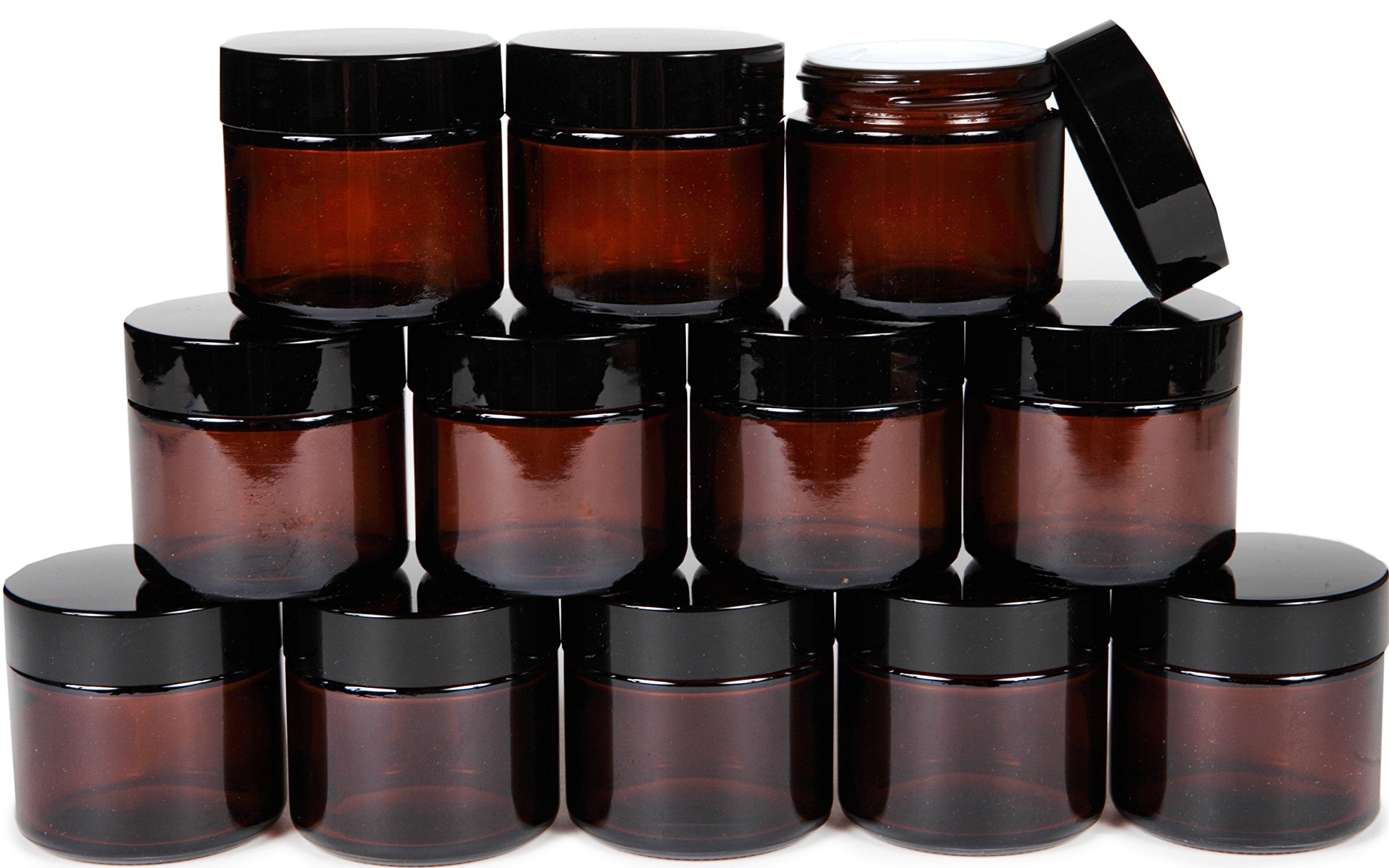 Vivaplex, 12, Amber, 2 Oz, Round Glass Jars, With Inner Liners And Black Lids