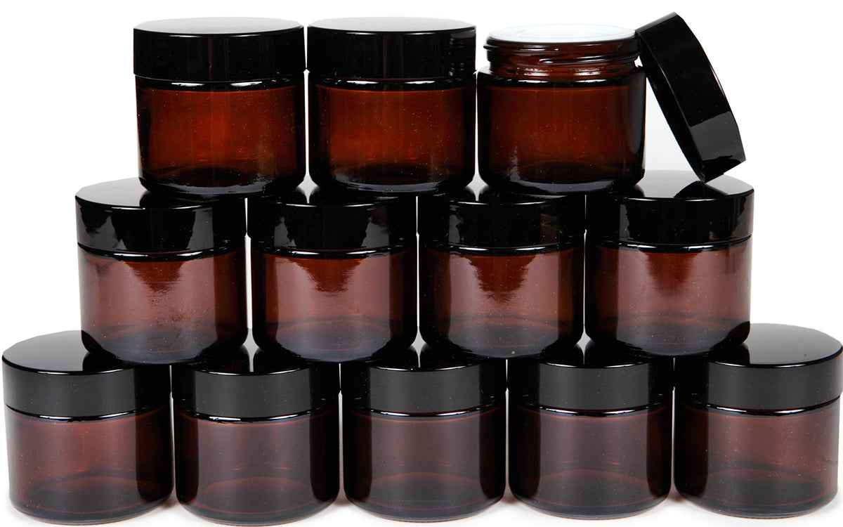 Vivaplex, 12, Amber, 2 Oz, Round Glass Jars, With Inner Liners And Black Lids
