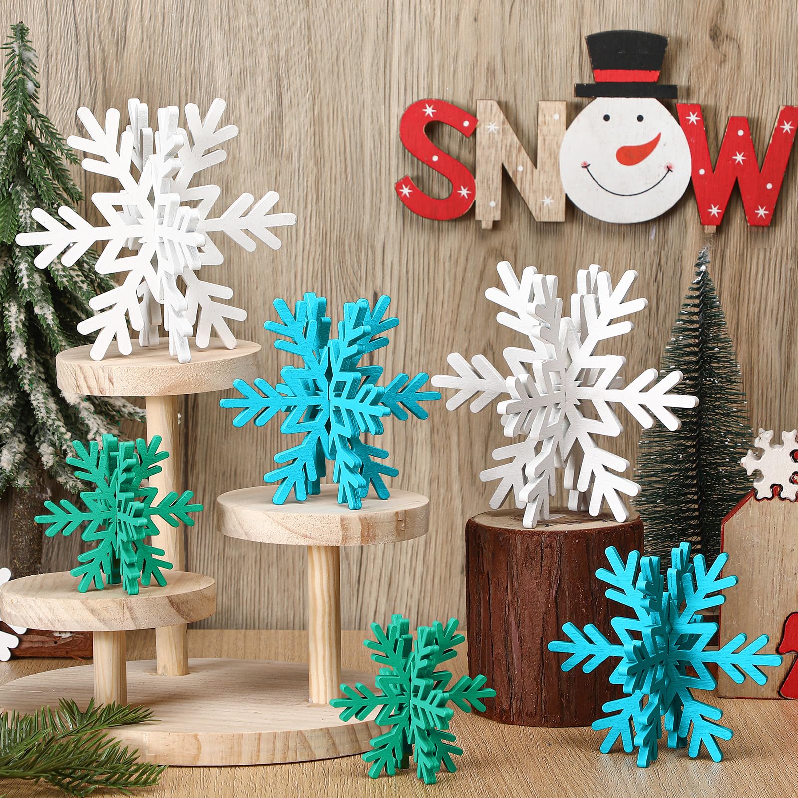Bucherry 12 Pcs Wooden Snowflake Table Decor 3D Snowflake Tabletop Signs and Centerpiece for Christmas Xmas Winter Wonderland De